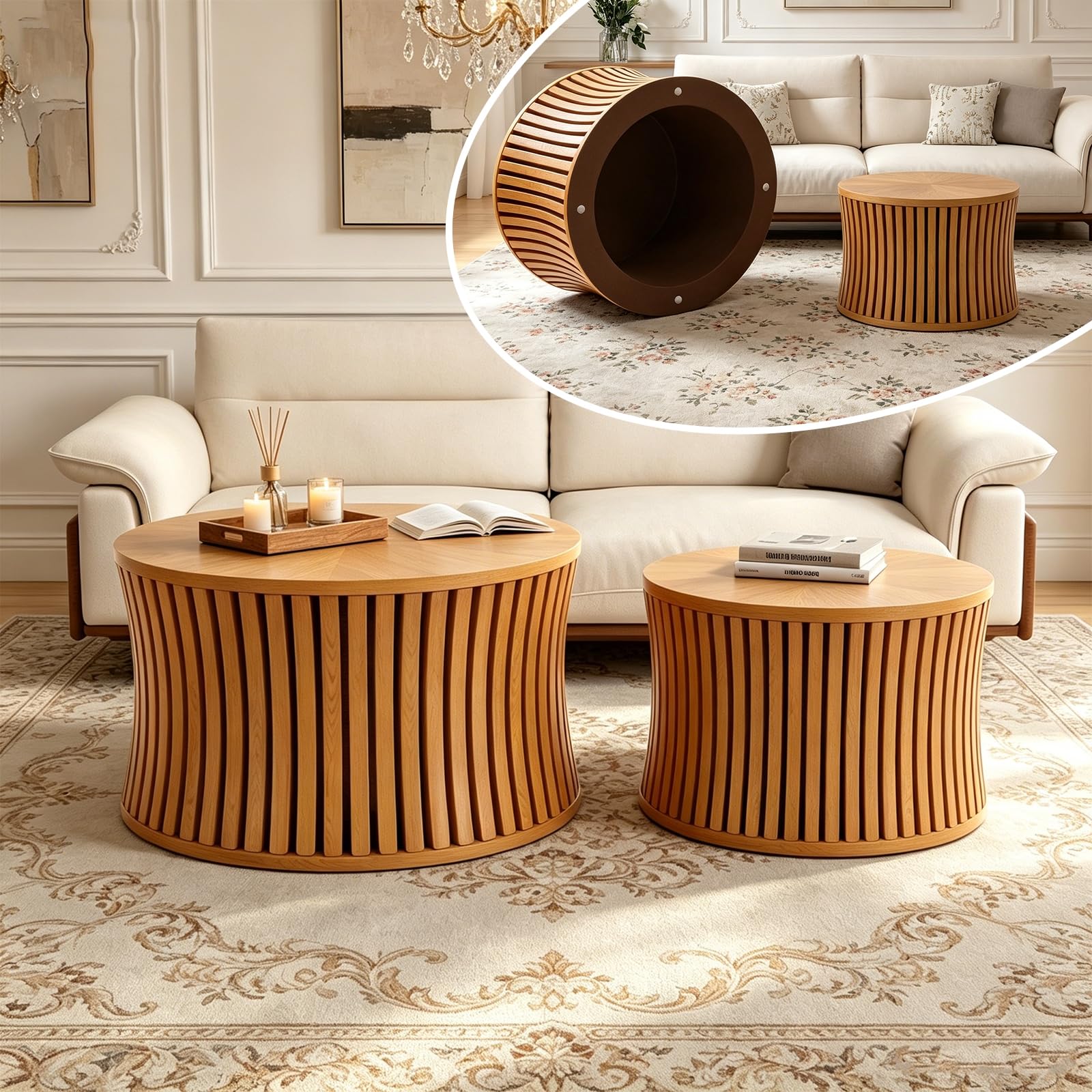 RYDZCLH Fluted Round Nesting Coffee Table Set of 2,Center Table