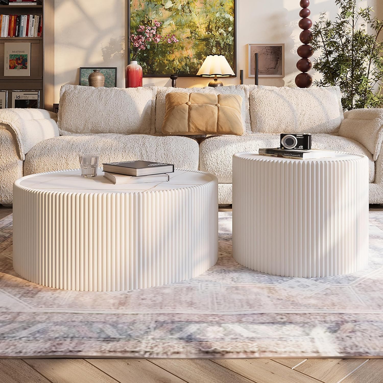 29.25” Cylinder Shape Coffee Table, Round Coffee Table Modern with Pedestal, Center Table for Living Room, Milk White