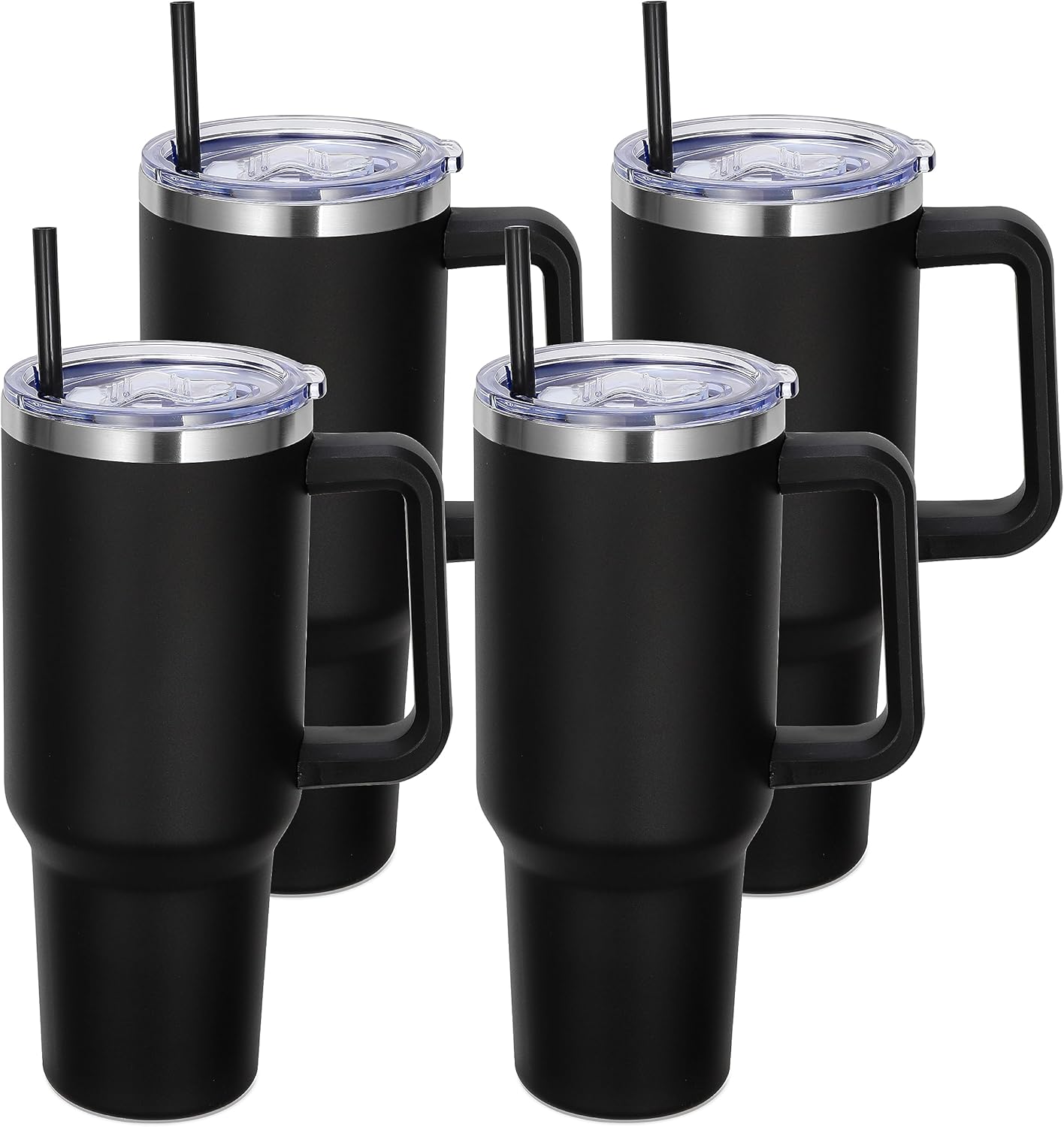 DOMICARE 40 oz Tumbler with Handle and Straw, Stainless Steel Tumbler with Lid and Straw, Reusable Vacuum Insulated Cup, Travel Coffee Mug, Black, 4Pack