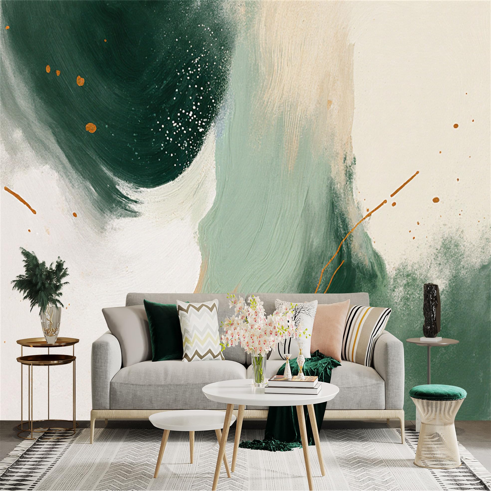 Custom Size Wall Sticker Mural， Modern Abstract Paint Texture， Sage Green and Cream Tones， Minimalist Artistic Design， for wall Decoration， peelandstick wall Decals.