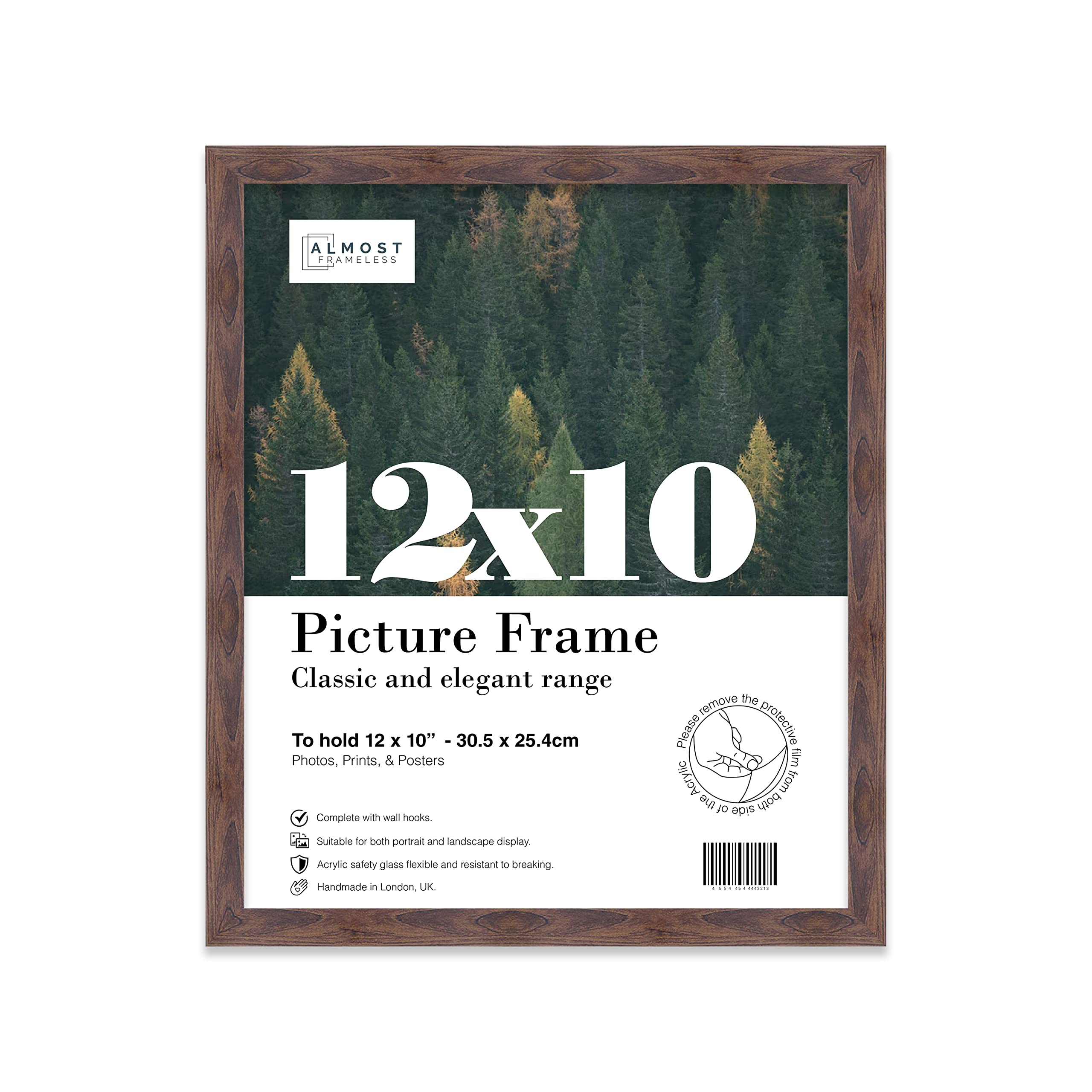 Almost Frameless 12x10 Walnut Picture Frame 12"x10"(30.5x25.4cm) Poster, Photo, Artwork, or Print. Thin Edge Slim Frame Portrait and Landscape Display with Wall Hooks