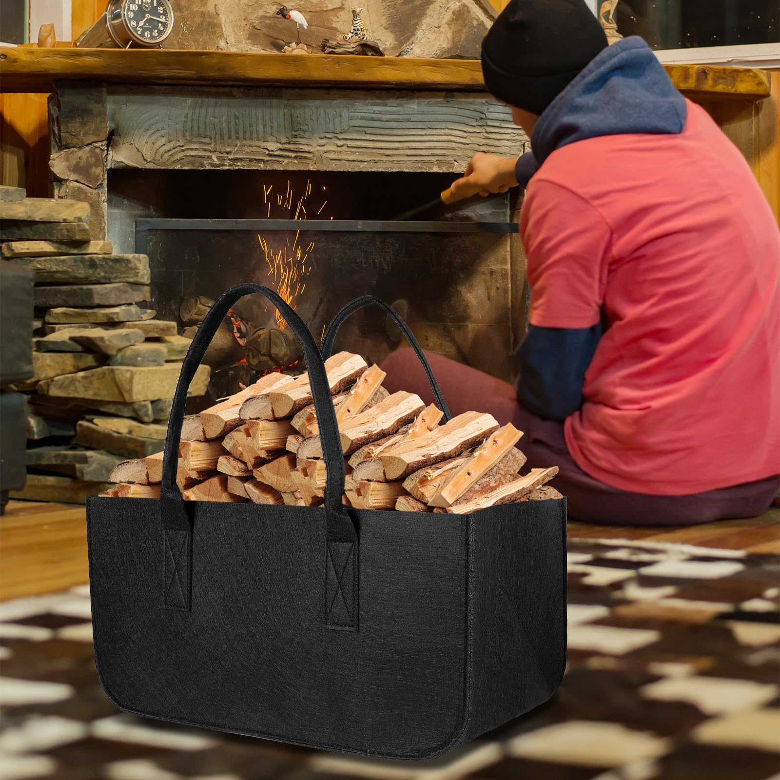 AiQInu Cesta de fieltro Cesta de leña, Plegable Cesta de Fieltro, 50x25x25cm Bolsa de Fieltro para Almacenar Leña de Chimenea y Más para Transportar Madera, Guardar Juguetes, Madera, Periódicos