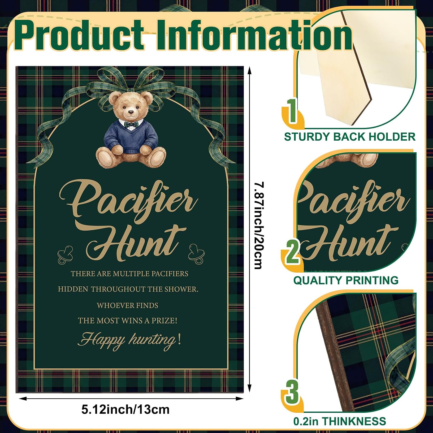 Thyle 51 Pcs Blue Green Tartan Plaid Baby Shower Games We Can Bearly Wait Pacifier Hunt Include Hunt Sign and 50 Acrylic Pacifiers for Baby Shower Game Decoration Gift Sets Gender Reveal Party Decor image 3