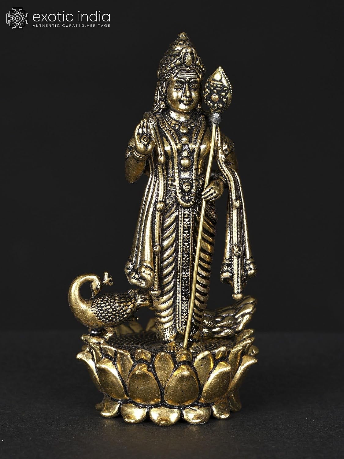 Exotic India Superfine Standing Lord Karttikeya Brass Statue with Peacock | Karthikeyan Murugan Idol for Puja Mandir Temple Murti, Home Table Décor, Office Gift