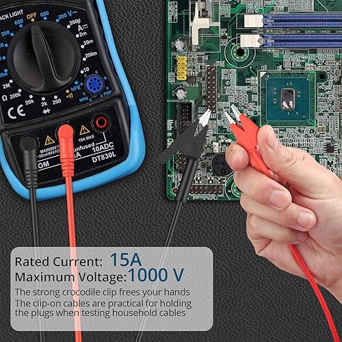 Miniatura 7 de 1 par de cable de prueba de enchufe de plátano a clip de cocodrilo, 39.4 in3.28 pies, corriente nominal de 15 A, voltaje máximo de 1000 V, cable de