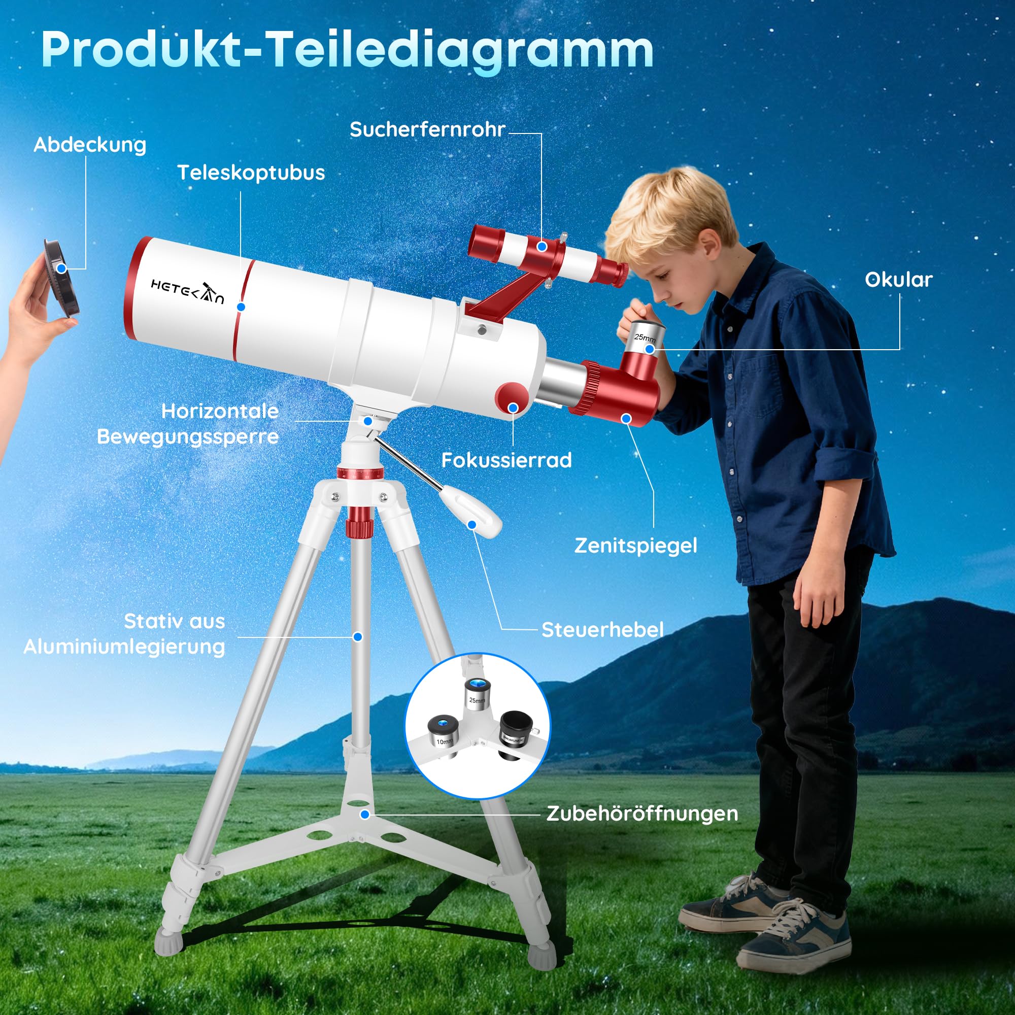 HETEKAN Teleskop 90mm Öffnung 550mm Brennweite, Tragbares Refraktor-Teleskop für Erwachsene, Anfänger und Kinder, 22X-165X mit AZ-Stativ, Handyadapter, Tragetasche und Aufklebern