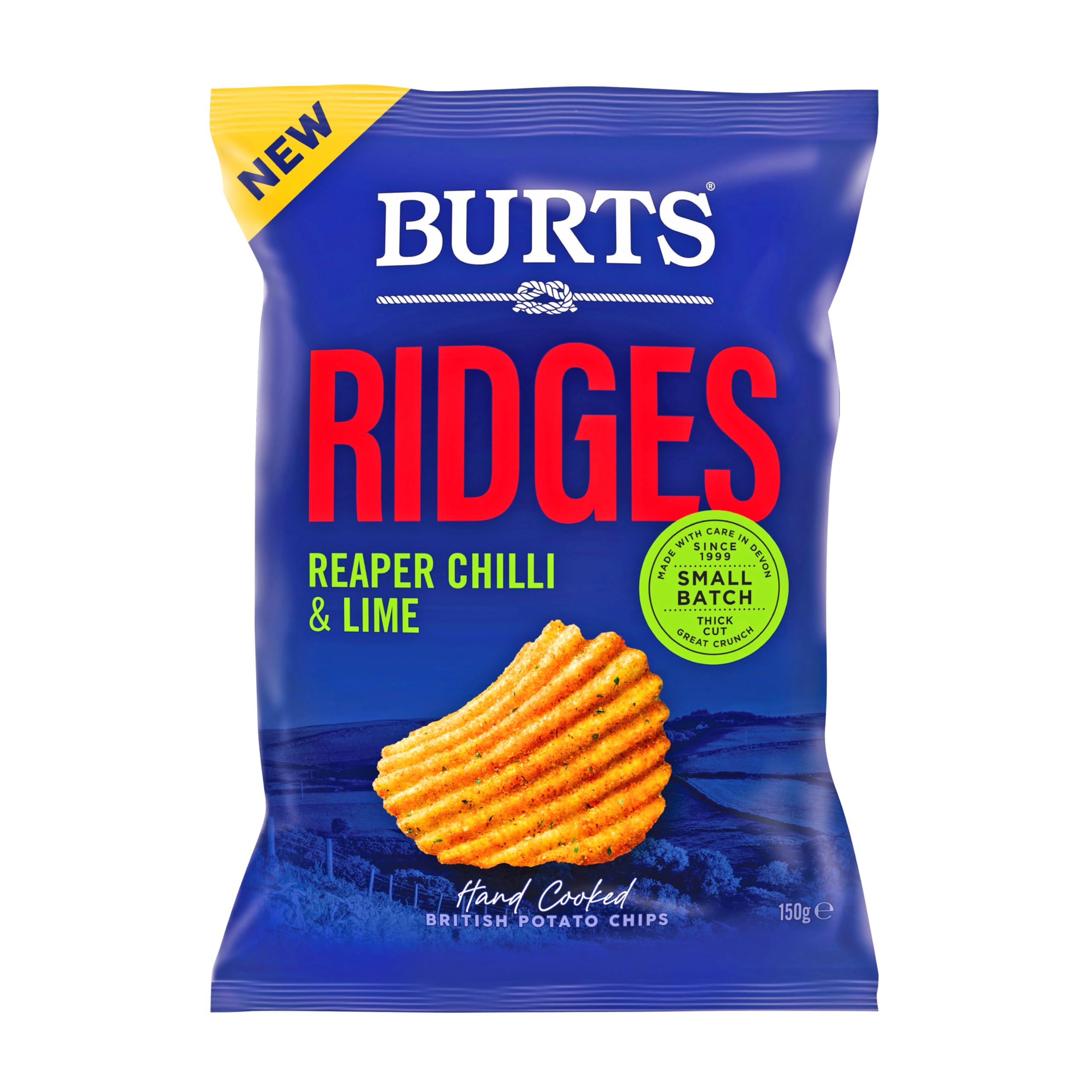 BURTSRidges Hand Cooked British Potato Chips, Reaper Chilli & Lime 150g | Authentic British Potato Crisps | Gluten Free | Hand Cooked