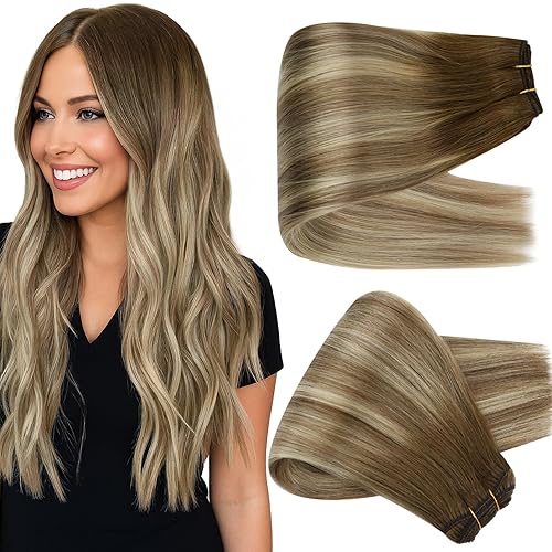 Miniatura 32 de Full Shine Extensiones de cabello humano de 22 pulgadas para coser, castaño a rubio miel, mezcla de rubio platino, 3.70 oz