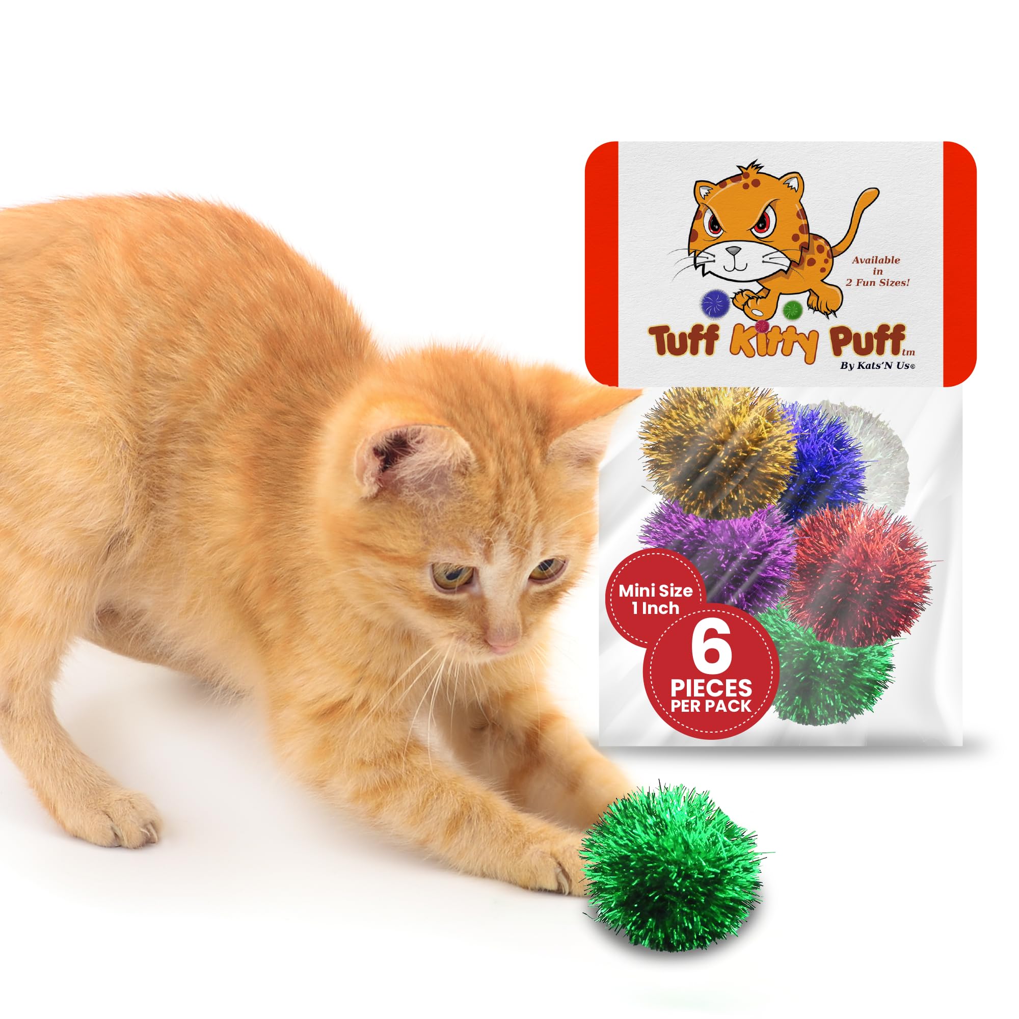 Tuff Kitty Puff Kats' N Us Cat Toy - Mini Size 1 Inch - Sparkle Ball Cat Toys - Glitter Assorted Colors (Pack of 6)