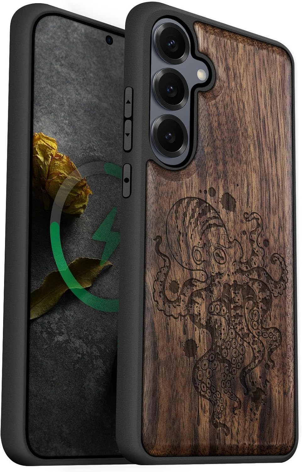 Carveit Magnetic Wooden Case for Galaxy S25+ Samsung S25 Plus Case, TPU Shockproof Cover & Wood Engraved, Compatible with MagSafe Wireless Chargers (Inked Octopus Art) Walnut