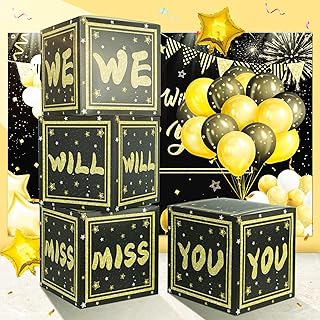 We Will Miss You Boxes Decorations,4pcs Black and Gold Balloon Boxes Retirement Going Away Decoration Say Goodbye to Coworker Teacher for Going Away Party Retirement Party Farewell Party Decoration