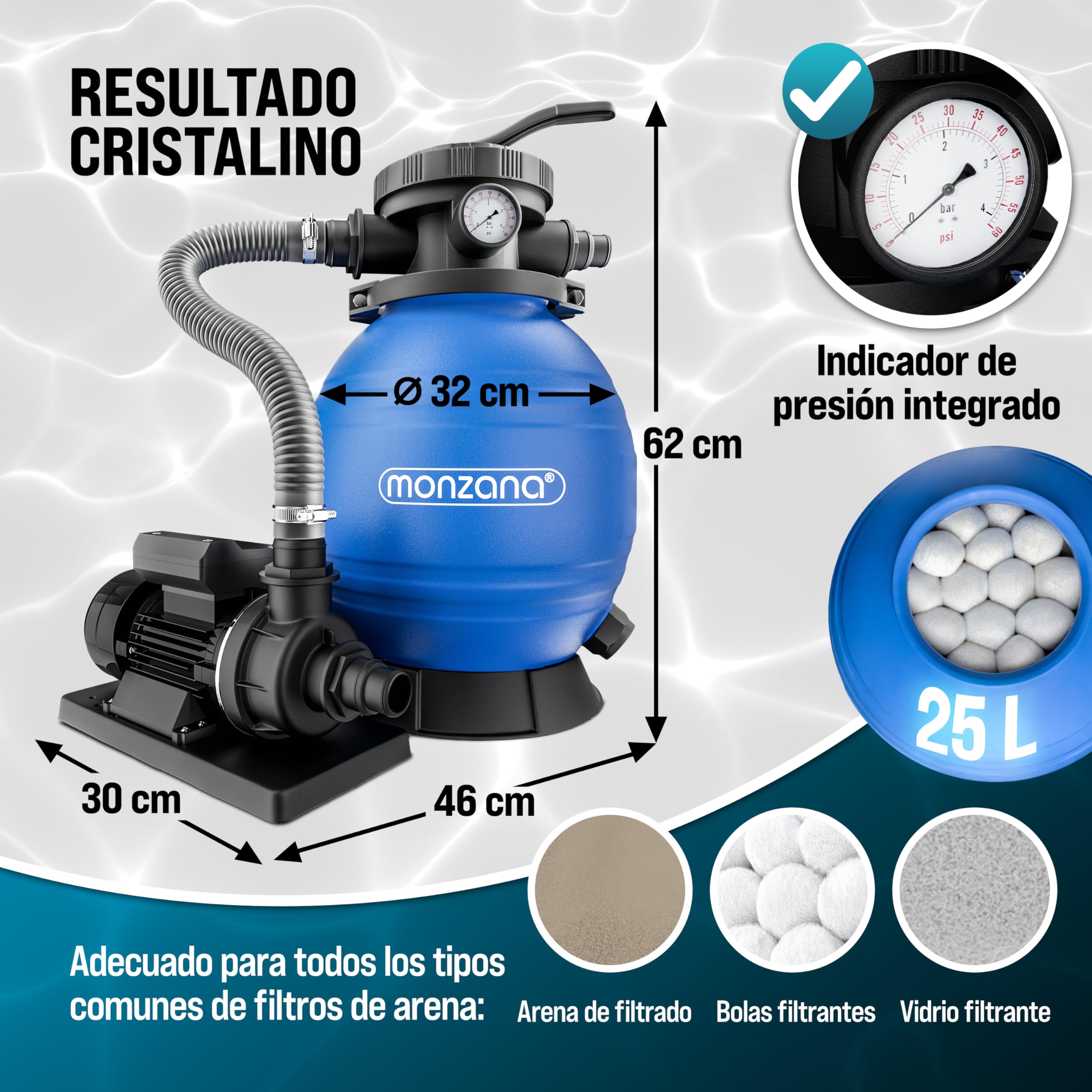 MONZANA® Depuradora Piscina 10.200L/h Filtro de Arena hasta 35.000L incl. Bolas Filtrantes Válvula 7 Funciones Filtrado 400W Adaptador Ø32-38 mm Bomba Indicador de Presión