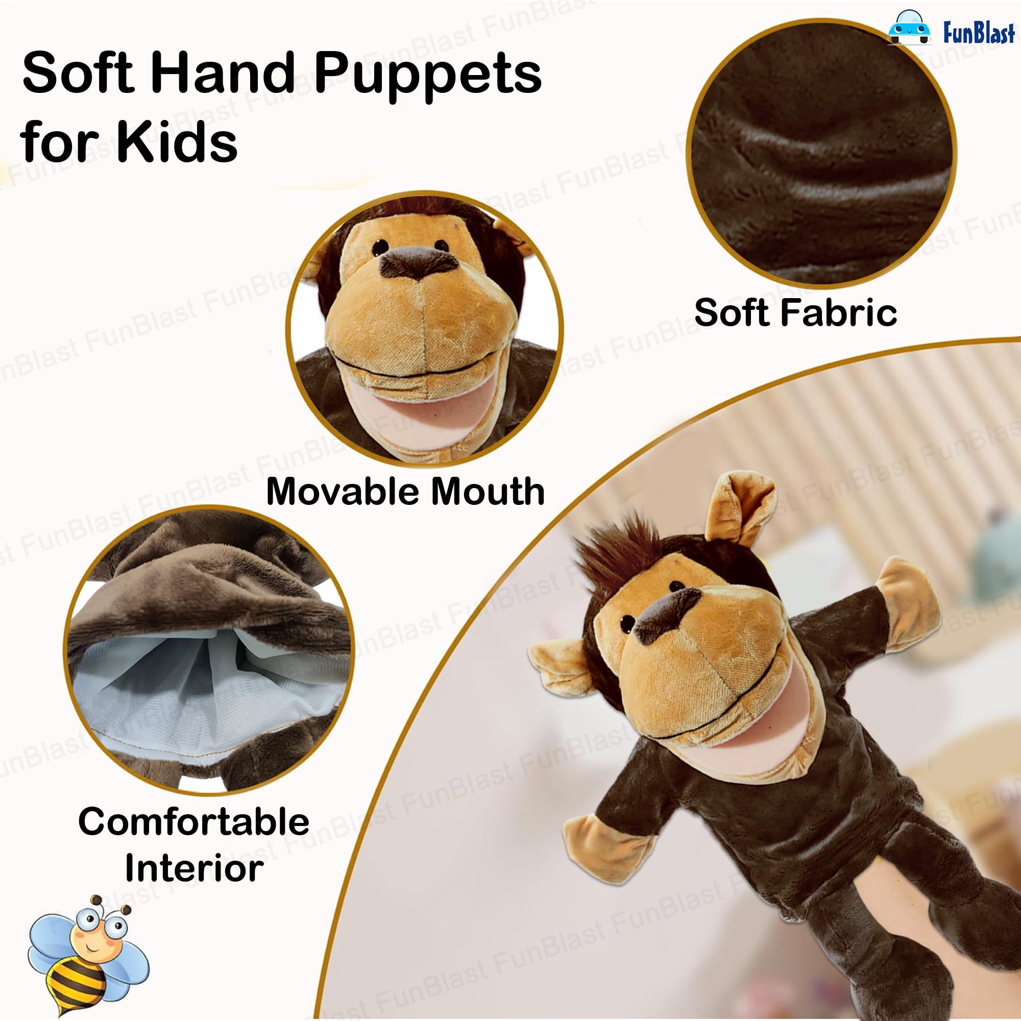 FunBlast Hand Puppets for Kids – Cute Animal Soft & Interactive Plush Monkey Puppets for Storytelling, Role Play & Learning Toys, Perfect for Toddlers & Children (Multicolor) 2