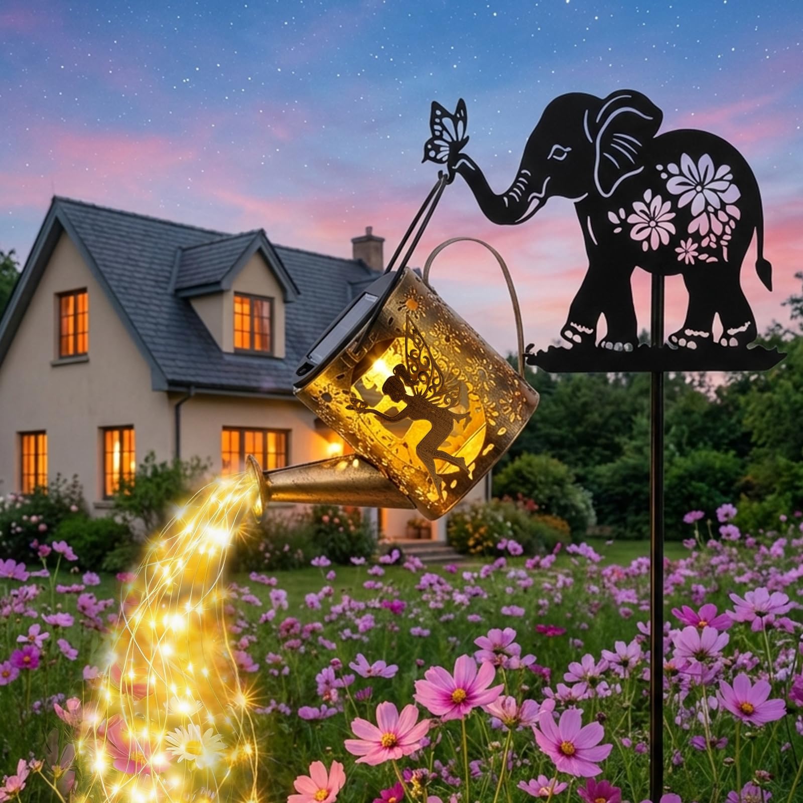 Tremdwoto Solargießkanne-Lichter mit Elefantenpfahl & Feen-Silhouetten, wasserdichte solarbetriebene Lichterketten für Garten, Terrasse – Geschenk für Mama, Einweihung, Geburtstag