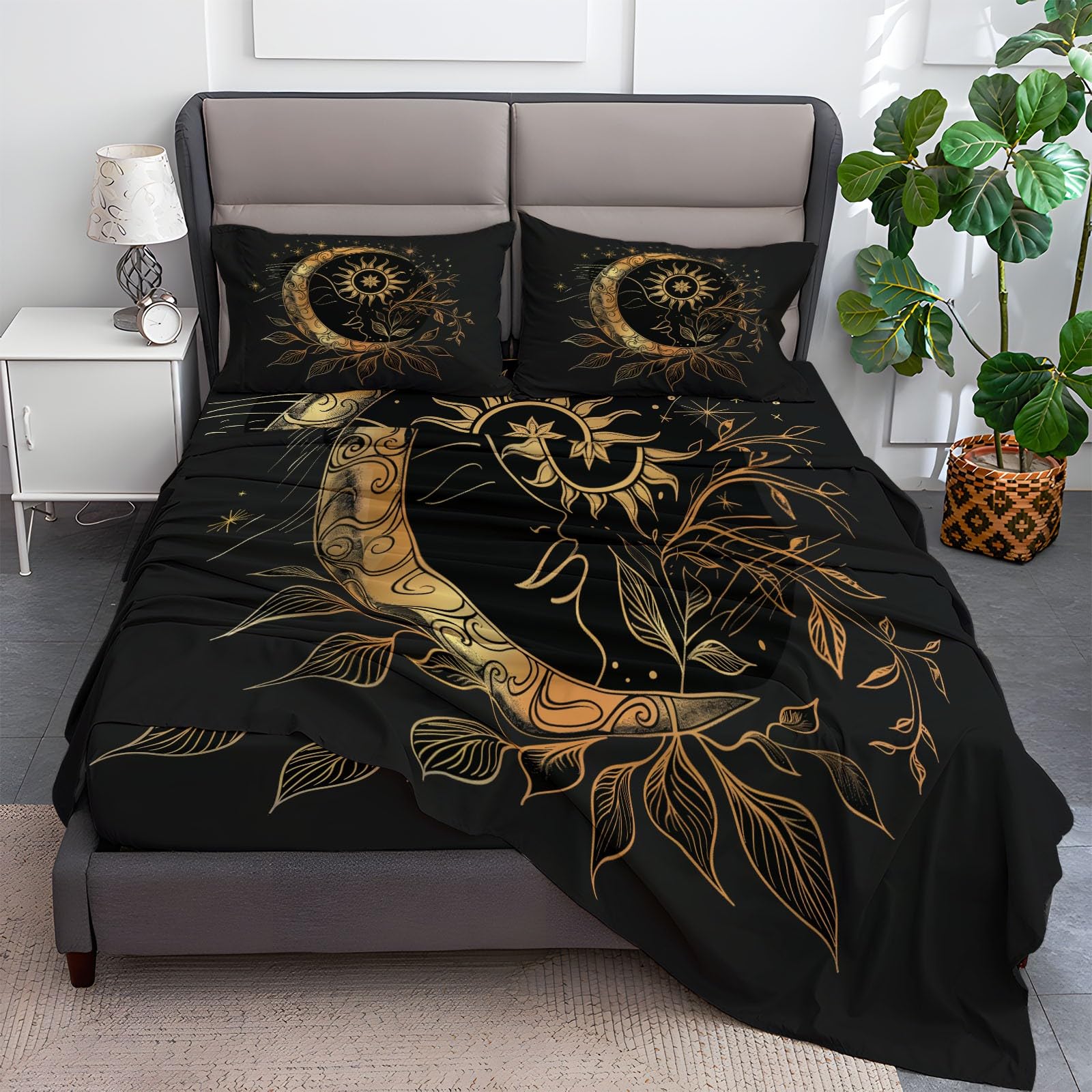 Fitted Sheet Full Size Bedding Set for Kids Girls Women Men Room Decor, Soft Microfiber & Deep Pocket & Wrinkle Free Simple Hand-Painted Moon Sun Bedding Sheets, Black Gold