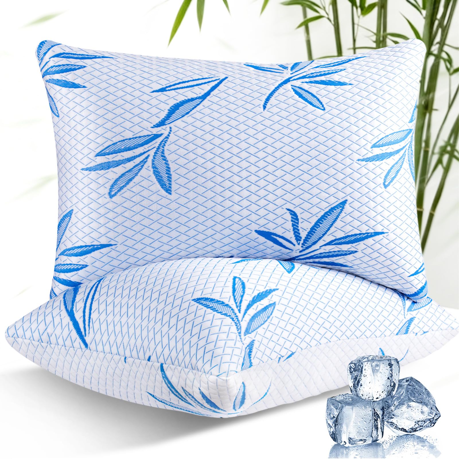 Memory Foam Pillows 2 Pack for Sleeping, Adjustable Loft & Firmness Bed Pillow, Shredded Memory Foam Pillow With Cooling and Bamboo Rayon Cover, Suitable for Side, Back & Stomach Sleepers (69 x 47cm)