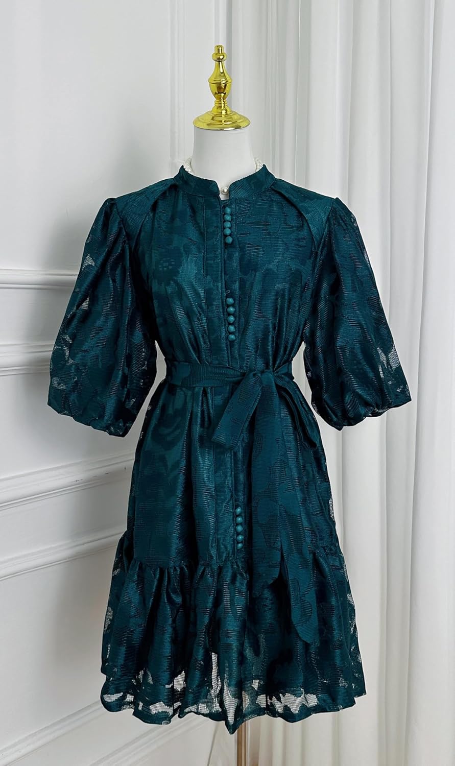 LAI MENG FIVE CATS Women's Lace Floral Puff Sleeve Ruffle Hem Stand Collar Button Loose Mini Dress