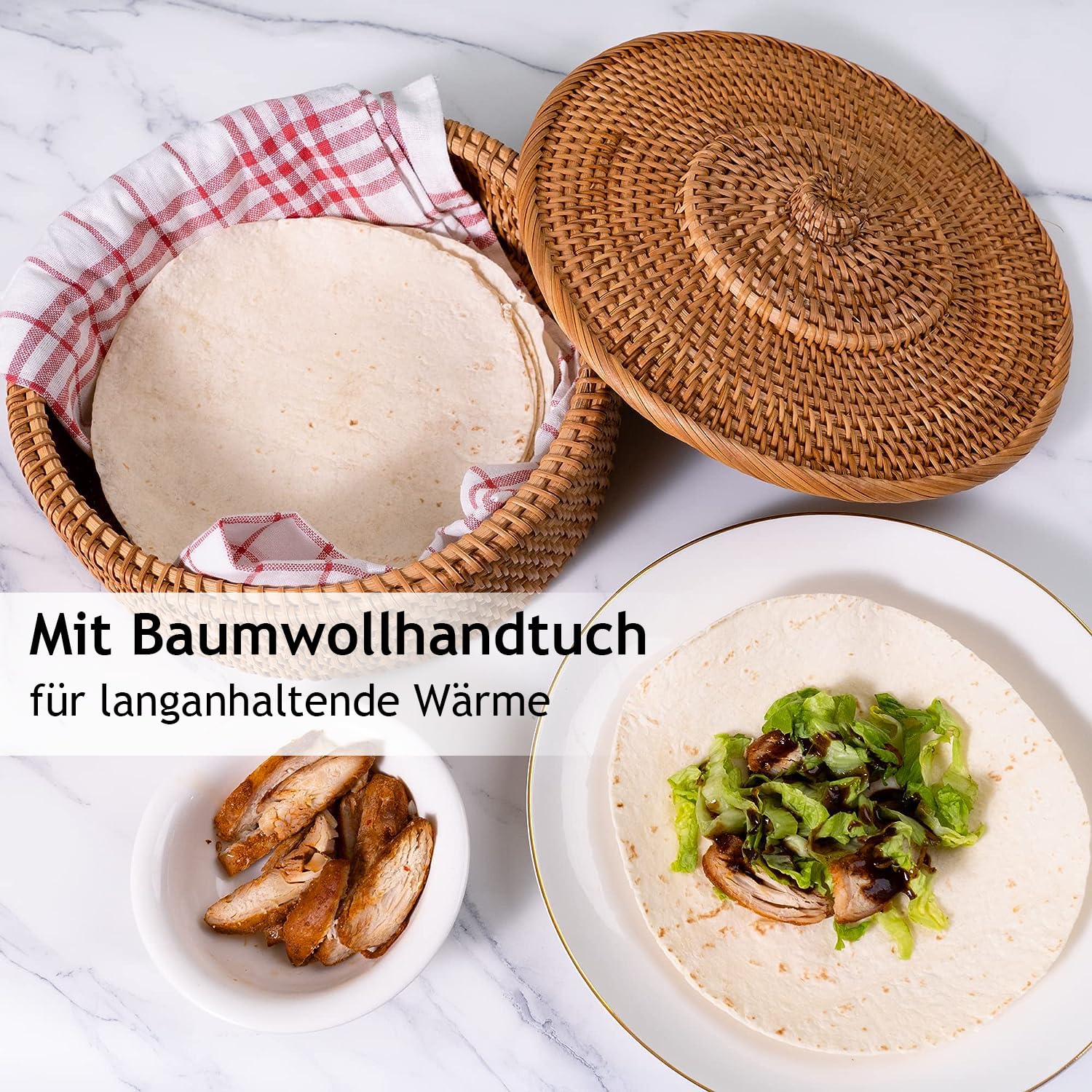 Tortillada - Tortilla Wärmer 26 cm aus Rattan – Handgemachter Brotkorb für Tortillas, Wraps und Fladenbrot – Wärmekorb inkl. Baumwolltuch für Küche & Haushalt, hält Speisen warm