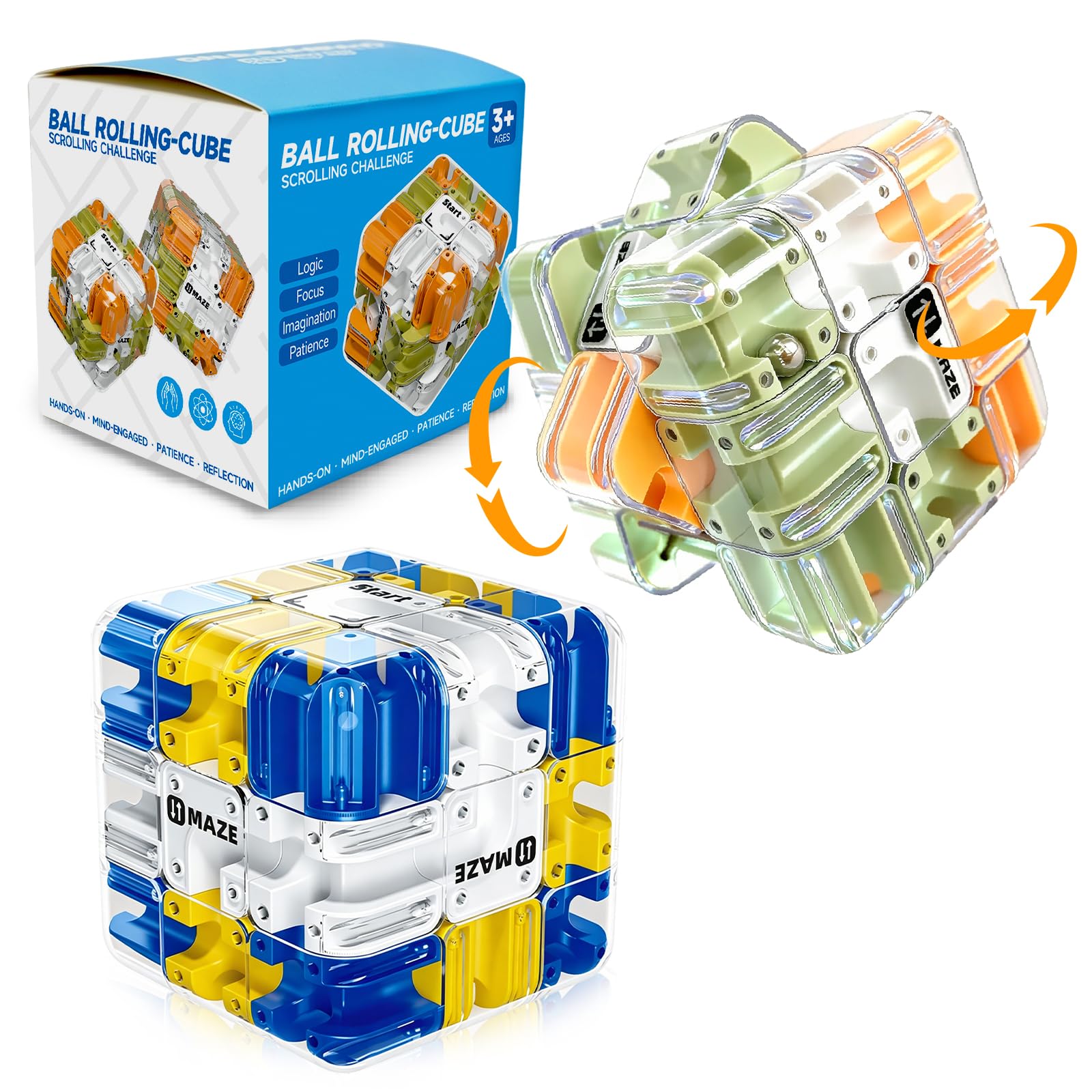 2 Pcs 3D Rolling Ball Maze Cube—Logical Thinking，Travel Toys（Blue+Orange）