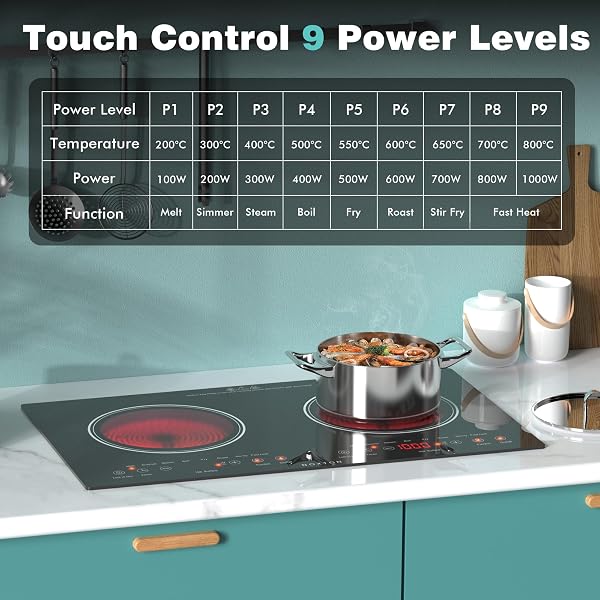 Noxton Double Ceramic Hob, Double Electric Hob Portable 30cm with 4-Hour Timer, 9 Power up to 2800W, Safety Lock, for All Type Pot - 3