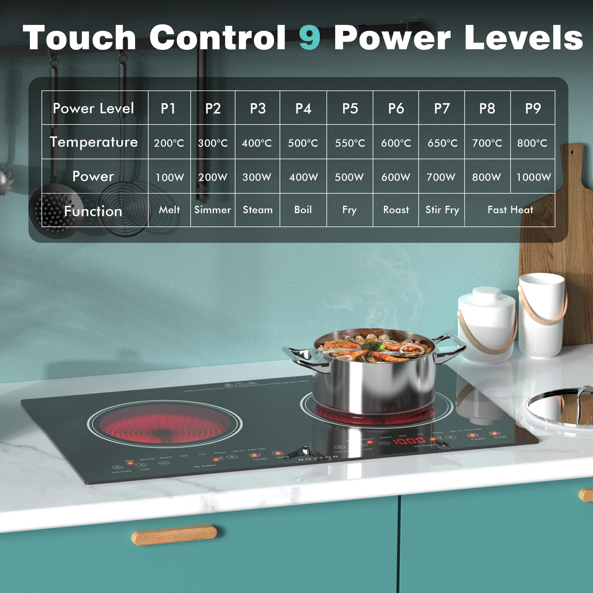 Noxton Double Ceramic Hob, Double Electric Hob Portable 30cm with 4-Hour Timer, 9 Power up to 2800W, Safety Lock, for All Type Pot — view 3