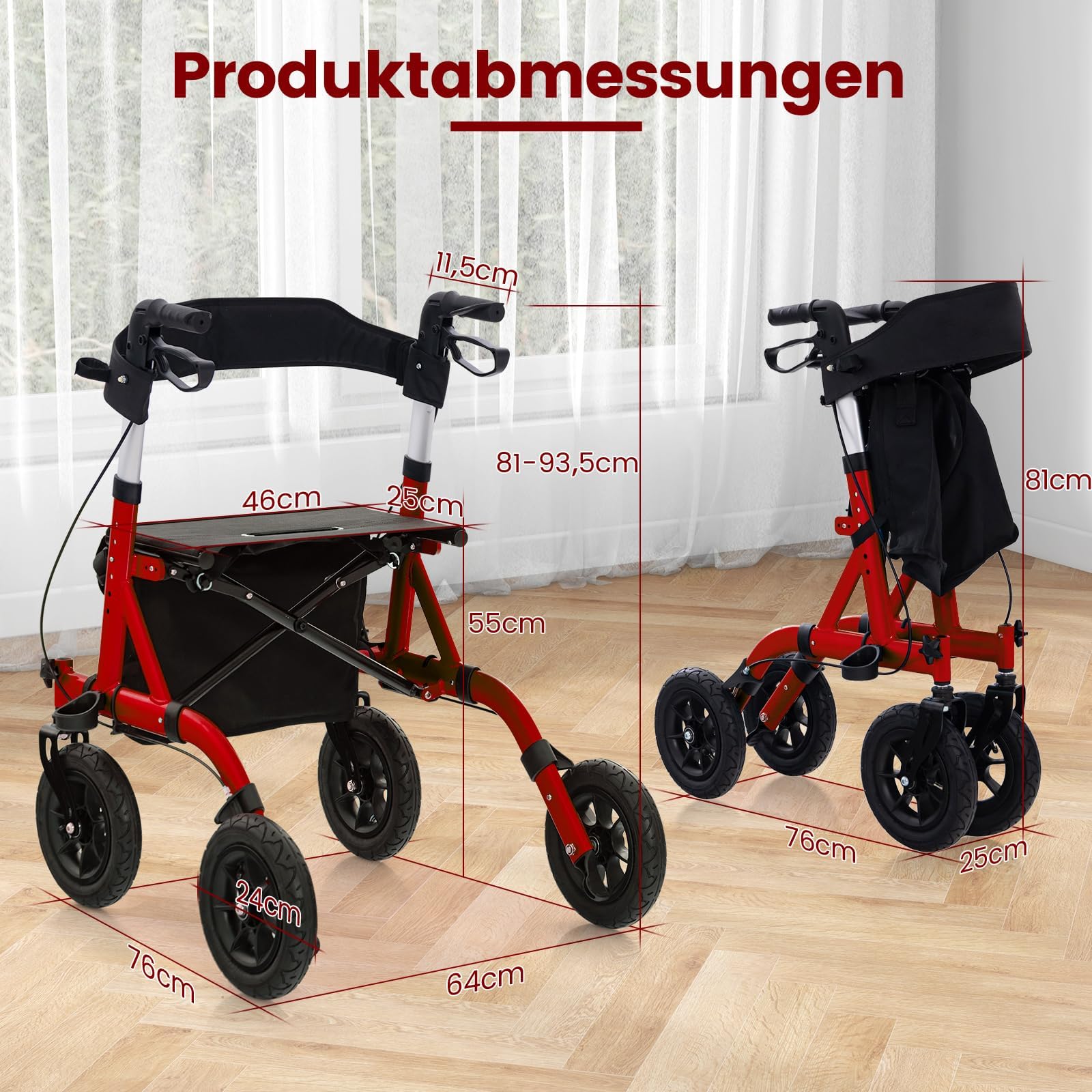 FANTASK Rollator mit Sitz für Senioren, Rollatoren Aluminium 6-fach höhenverstellbar, faltbar und leichtgewicht Laufhilfe mit Luftbereifung, 2 in 1 Rollstuhl & Reiserollator bis 160kg (Rot)