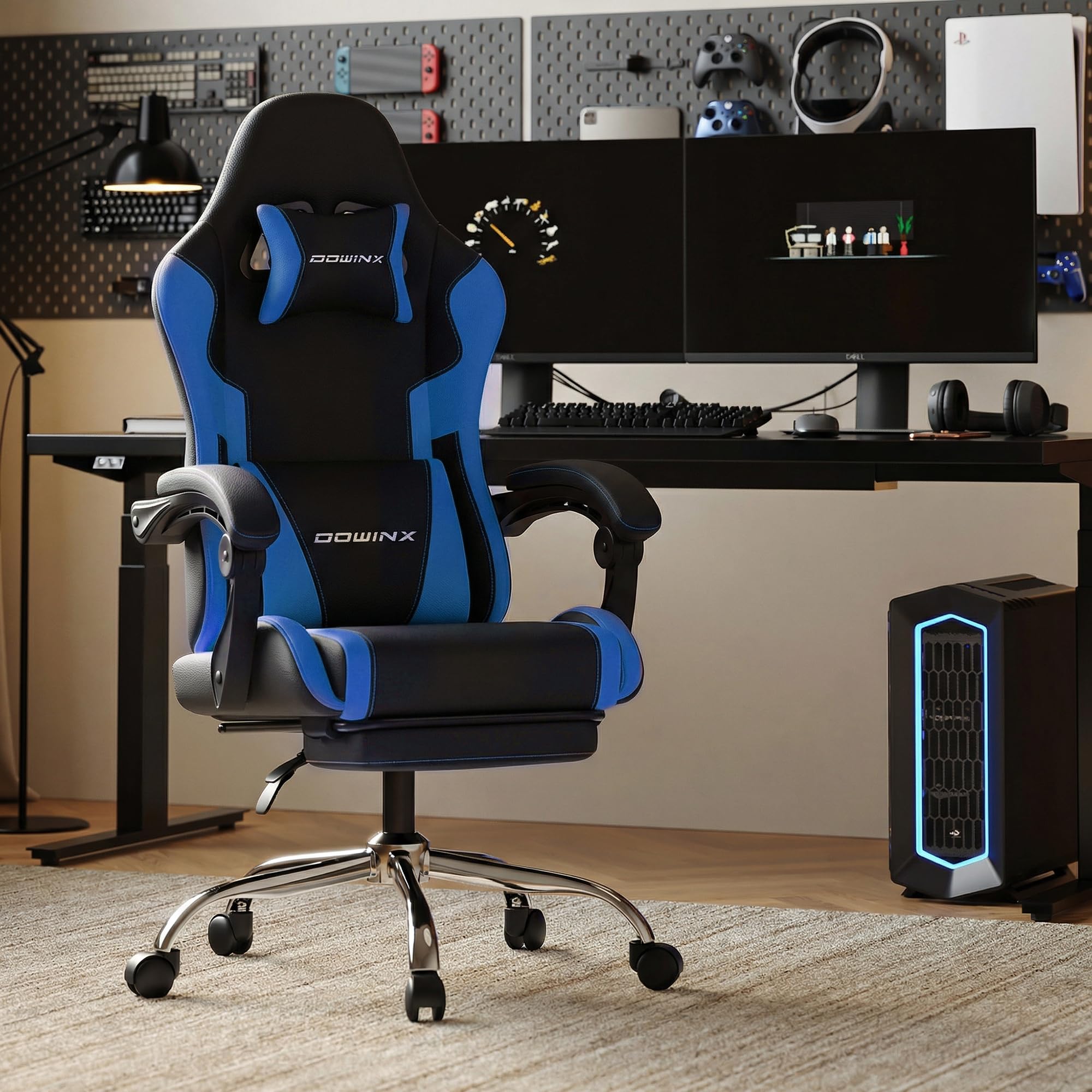 Dowinx Fotel gamingowy, ergonomiczne krzesło dla graczy z podnóżkiem, krzesło biurowe do biura i biura domowego, oparcie regulowane do 150°, obciążenie do 180 kg, niebieskie