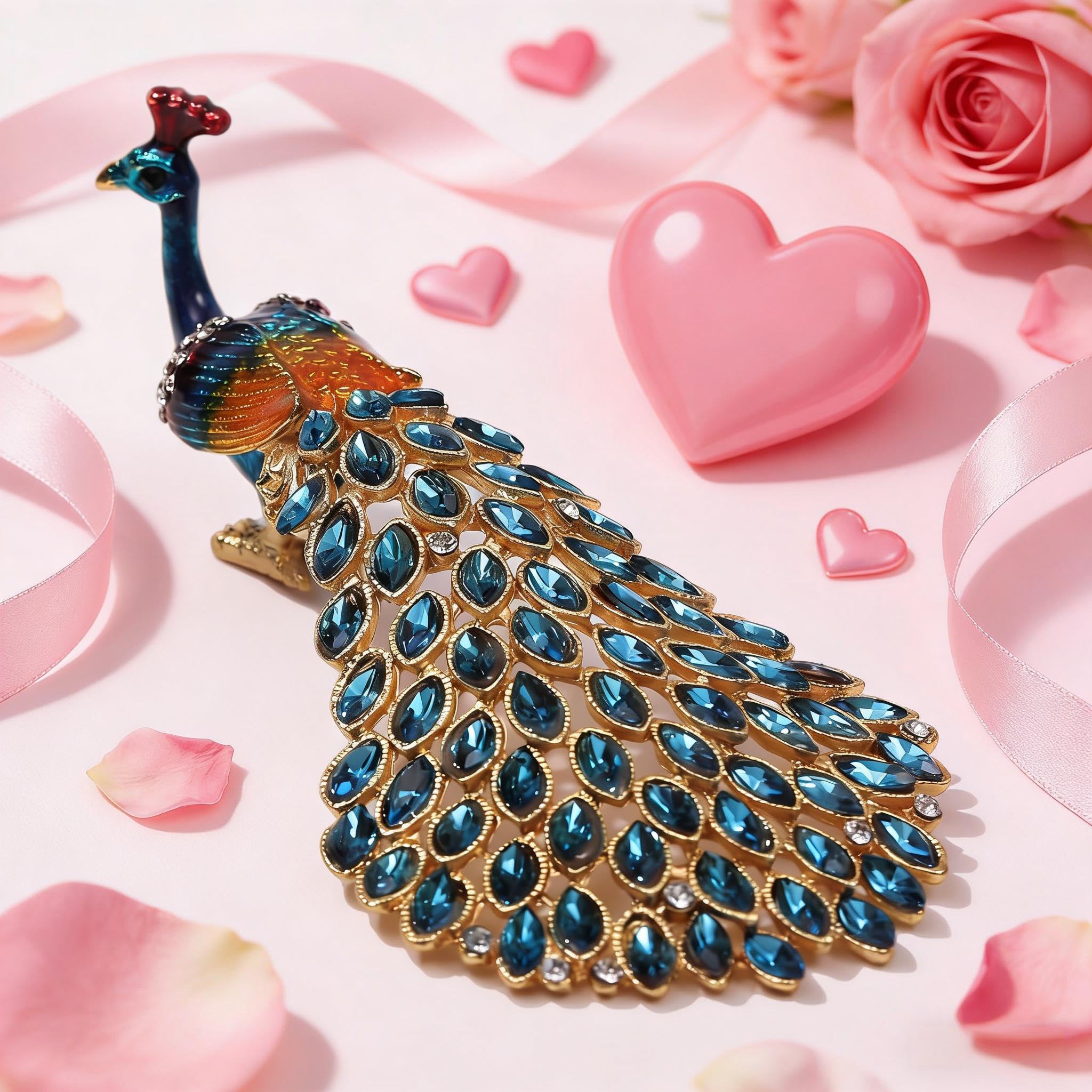 Enameled Peacock Jewelry Box - Hand Painted Collectible Figurine with Crystal Rhinestones, Women and Girls for Rings and Earrings Valentine Decor Gifts