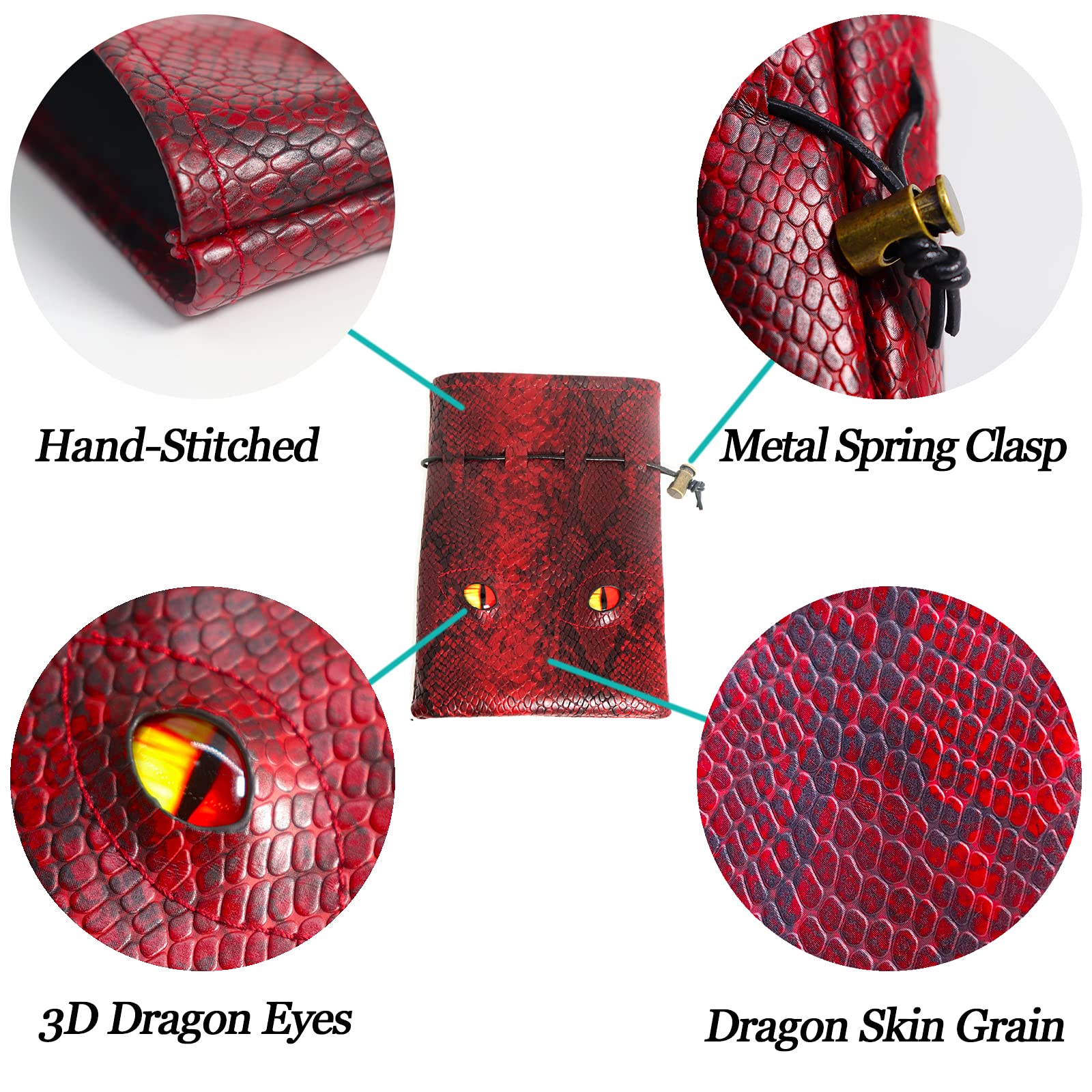 Byhoo Borsa per Dadi Con Occhi Fosforescenti - Contiene 6 Set, Sacchetto per Monete in Pelle di Drago Rosso Fuoco per Giochi da Tavolo DND e RPG