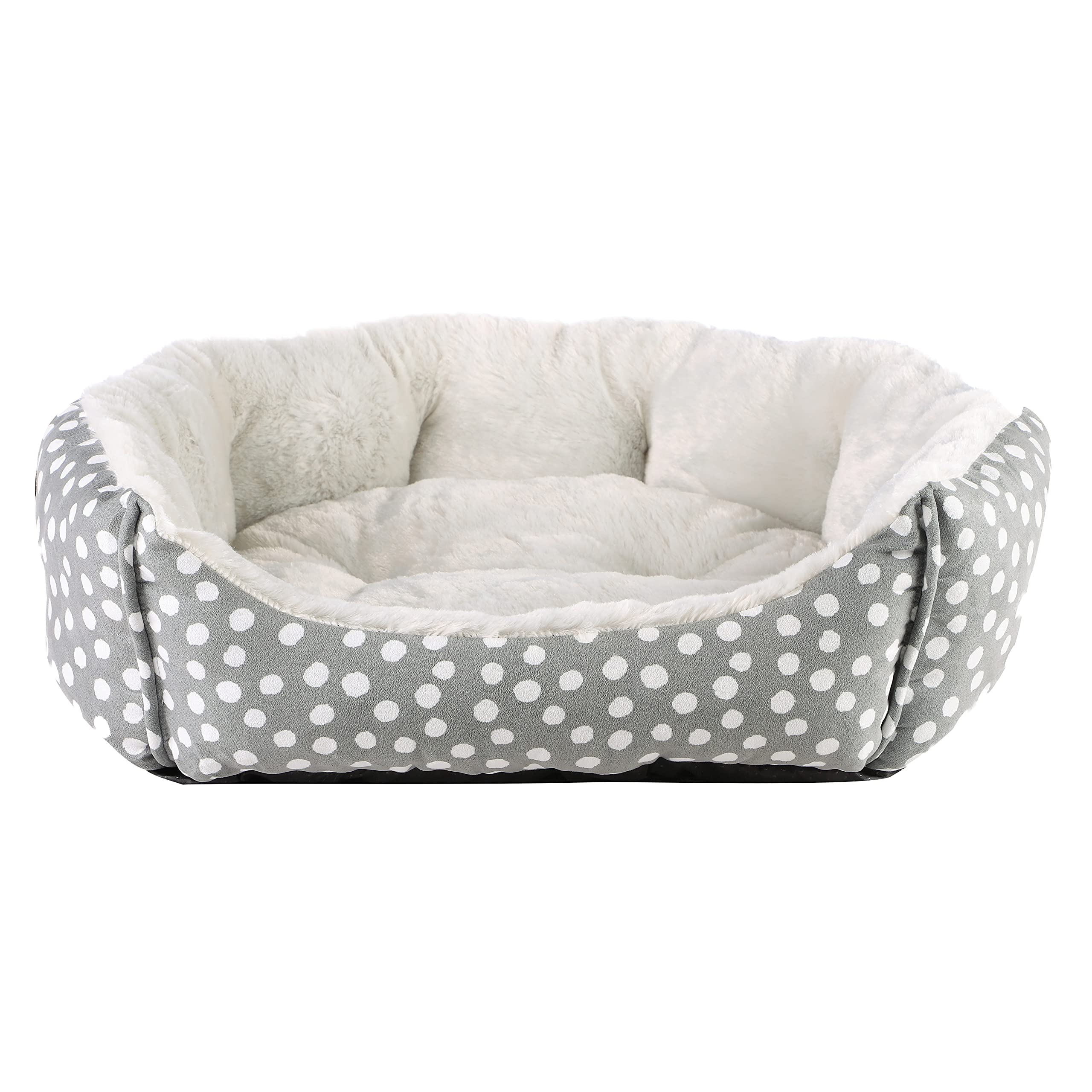 Medium Plush Dog Bed – Oval Washable Pet Bed with Non-Slip Base, Soft Warm Design, Water Resistant Exterior, Grey Polka Dot, 60x50x18cm