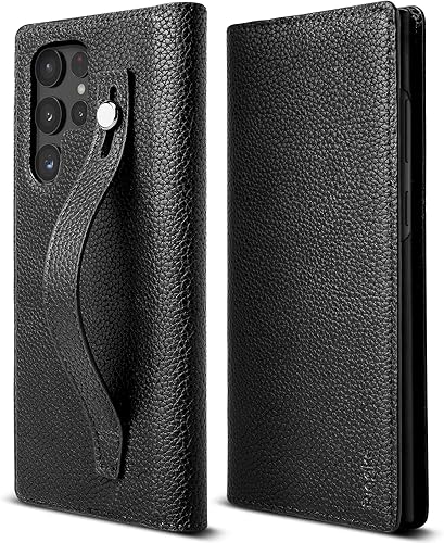 Ringke Folio Signature EZ - Correa compatible con Samsung Galaxy S22 Ultra 5G (2022), piel artesanal hecha a mano con correa para teléfono y