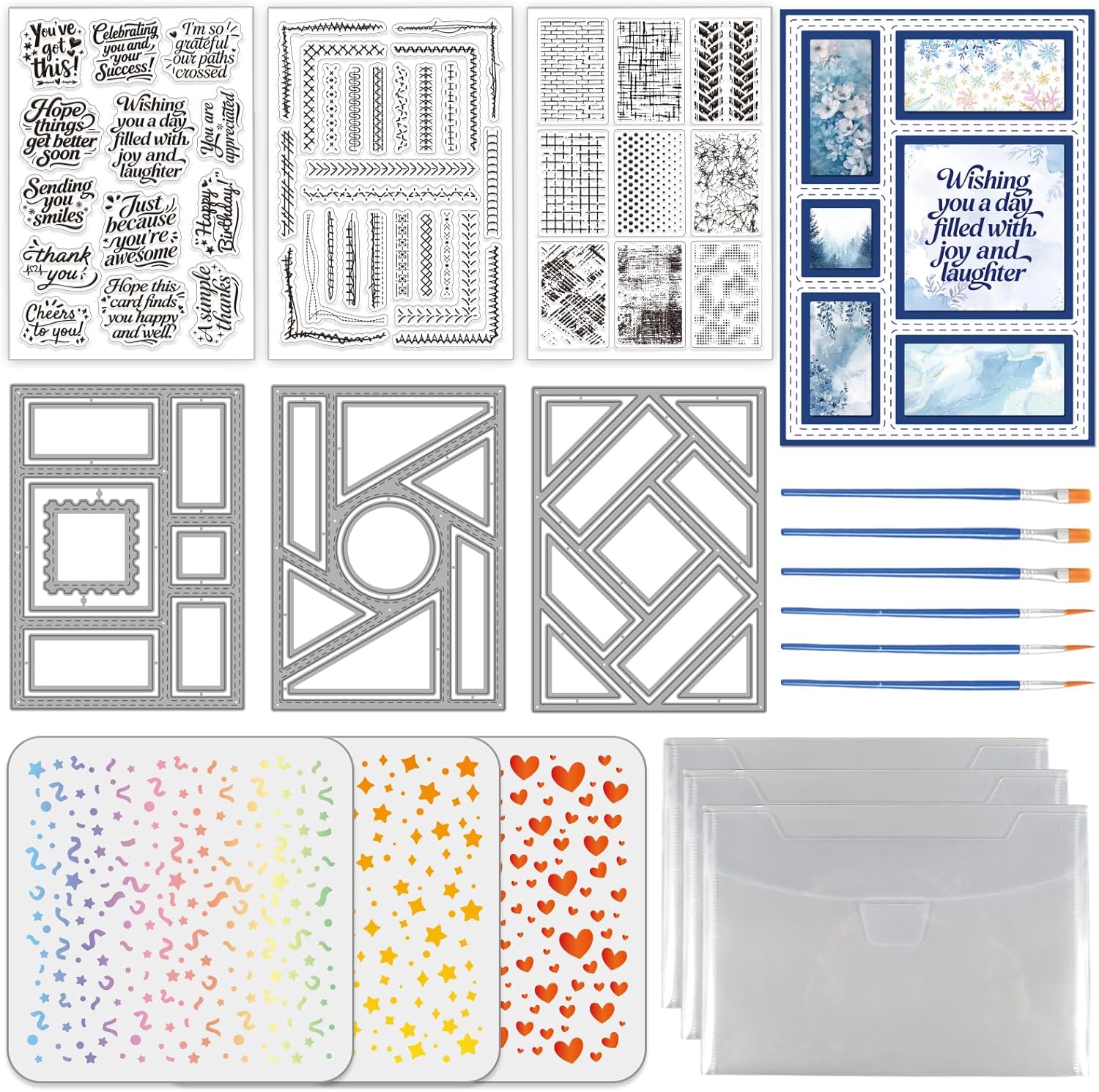 3 Sets Blessing Words Clear Stamps & Rectangular Die Cuts & Painting Stencils Vintage Textured Silicone Stamp PET Backgrounds Stencil Frame Metal Cutting Dies for Card Making DIY Crafting