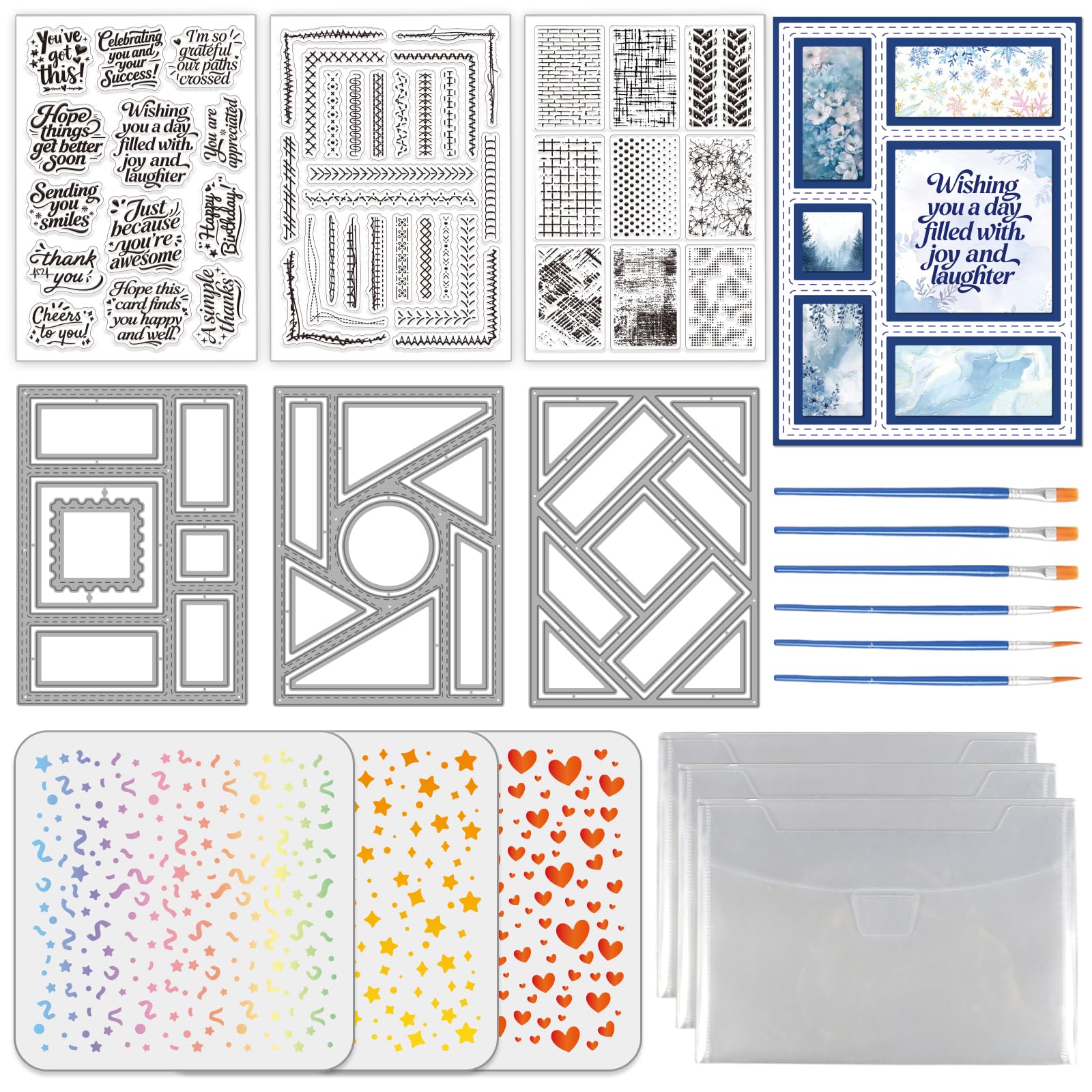 TWINKLEMON 3 Sets Greeting Card Clear Stamps & Cutting Dies & Painting Stencils for Card Making, Transparent Stamp and Rectangular Frame Metal Die Cuts Star Heart PET Paint Stencil for DIY Art Crafts