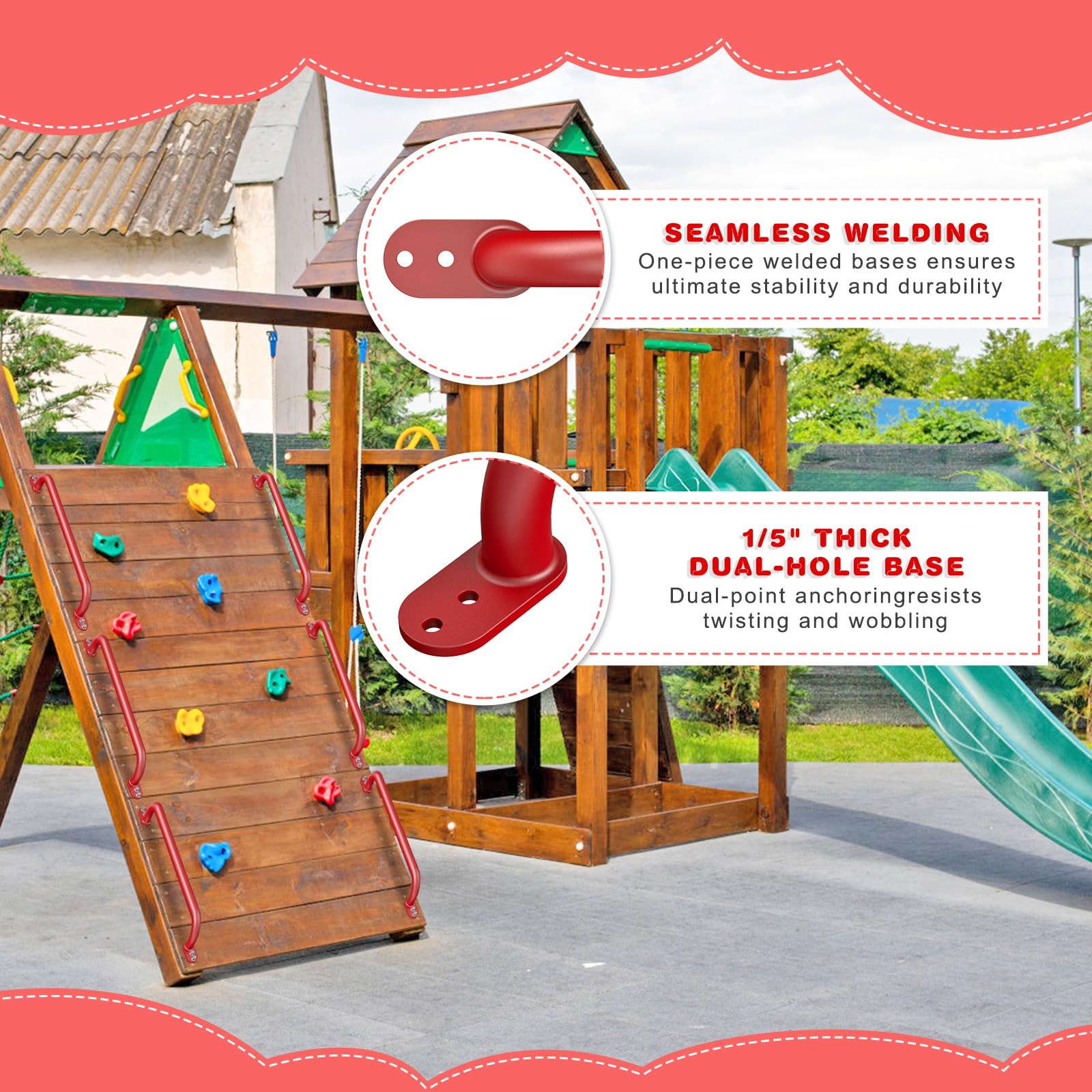 Dolibest Haltegriffe Kinder Klettergiffe Hangelgriffe 73cm/Flache Rot | Klettergerüst Spielplatz Schaukel Monkey Bar Sprossenwand Kletterleiter Treppenhandlauf WC Bad Dusche,159kg,Φ2.5cm,2er