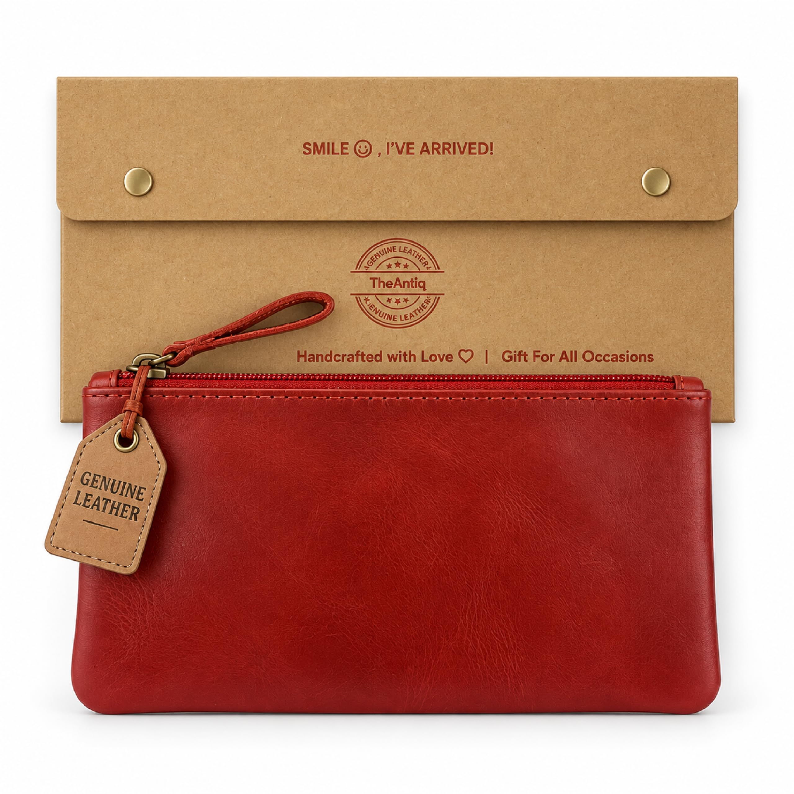 Red Genuine Leather Pencil Case for Men &amp; Women - Small Pen Case (8" x 4" Inch), Coin Pouch, Cash Holder, Multipurpose Leather Accessory Pouch with Zipper for Pens, Pencil &amp; Currency