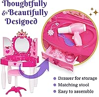 Vista 2 de Prextex Mesa de maquillaje para niños con espejo y silla, juego de princesa, mesa de maquillaje para niños con accesorios de maquillaje y efectos