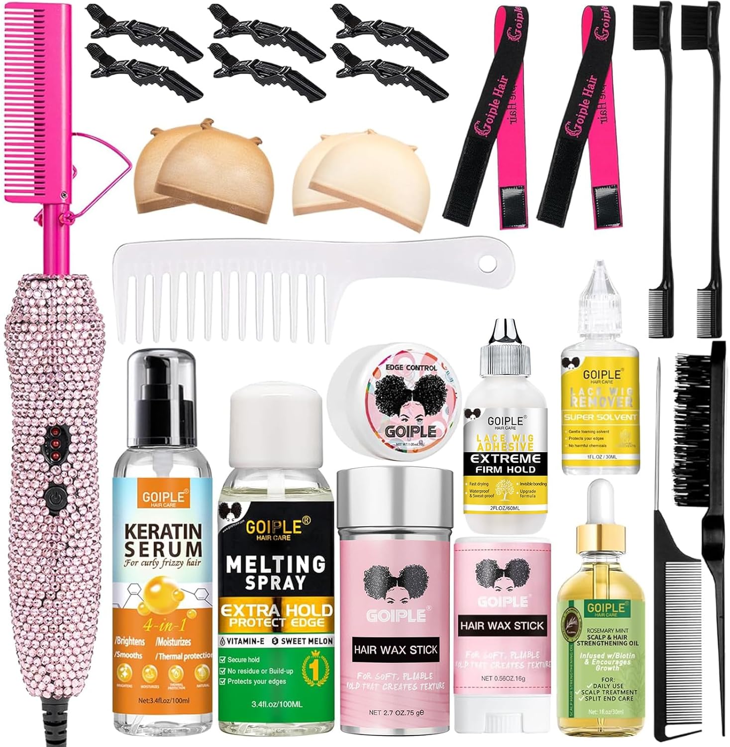 Deluxe Electric Hair Straightener and Curling Comb for Natural Hair and Wigs, 450°F Heat Pressing Comb with Anti-Scald Case (Pink)