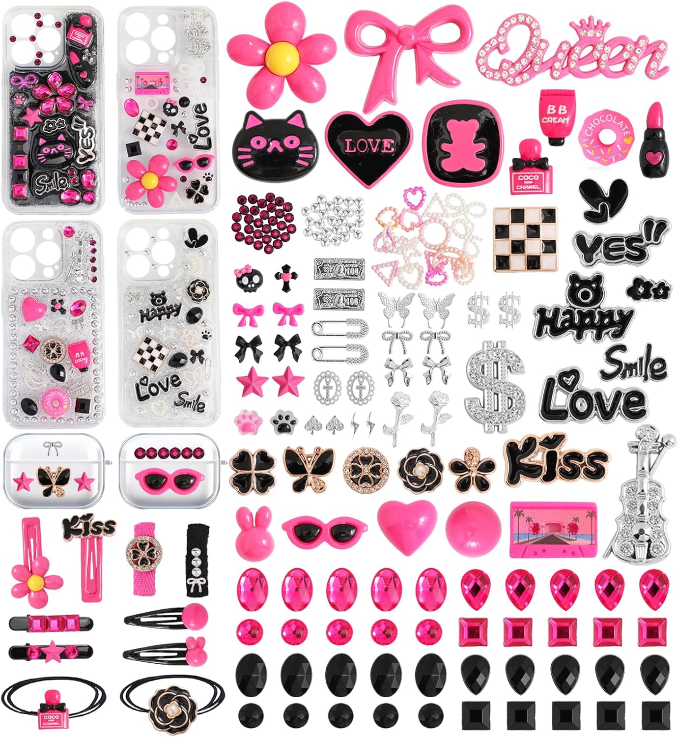 70 Styles Junk Charms Kit for Phone Case, Hair Pins Ties, Beach Bags, Clog Sandals, Customizing With Cute Bow, Synthetic Pearls, Rhinestones, Pink Resin Accessories for DIY Personalization Crafts