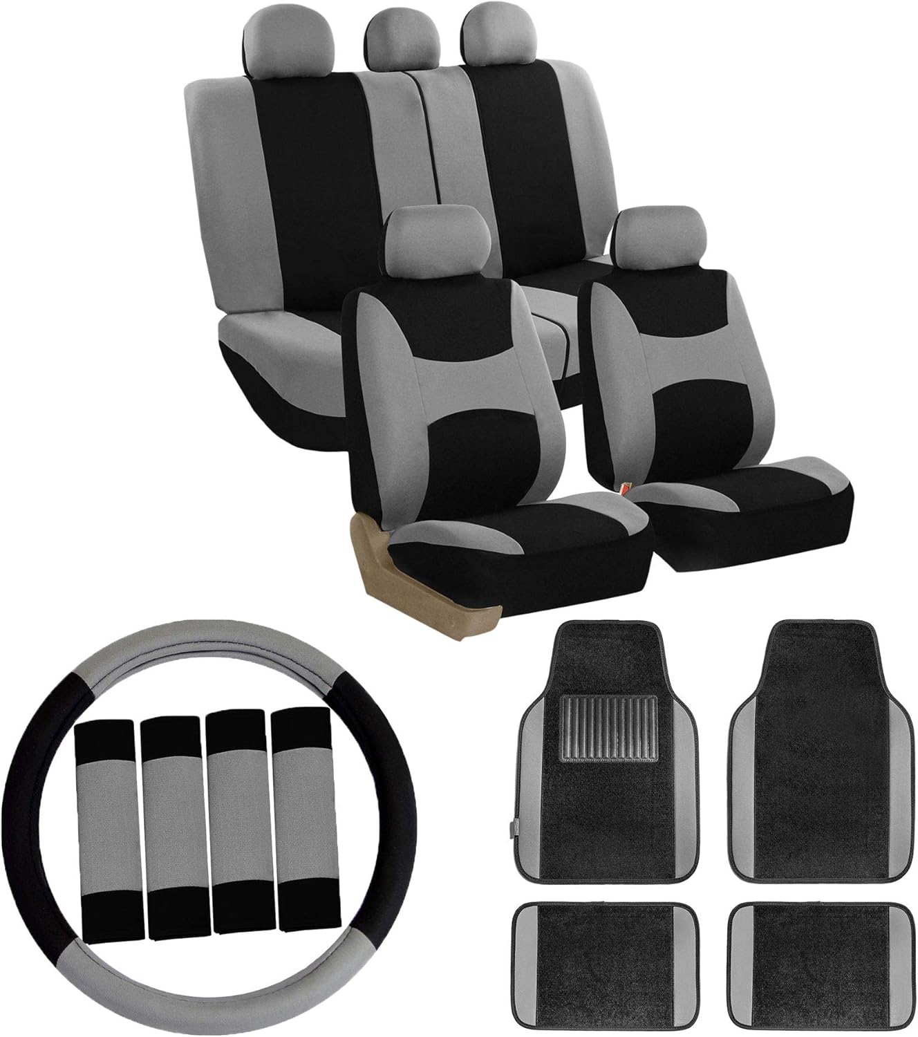 FH Group Car Seat Covers Combo Full Set with Carpet Floor mats Steering Wheel Cover and Seat Belt Pads- Universal Fit for Cars Trucks and SUVs (Gray) Gray Black
