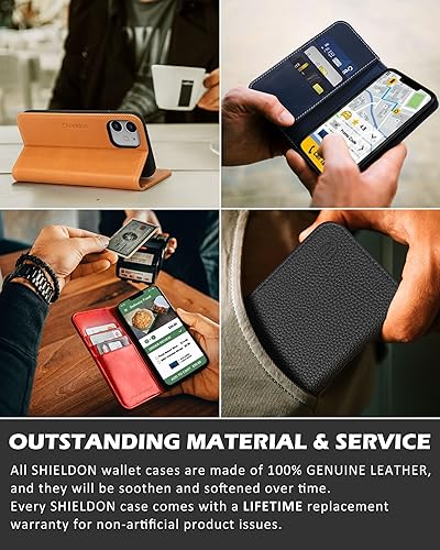 Miniatura 9 de SHIELDON - Funda para iPhone 1212 Pro, cuero genuino, cubierta magnética, tarjetero con bloqueo RFID, kickstand, funda protectora a prueba de