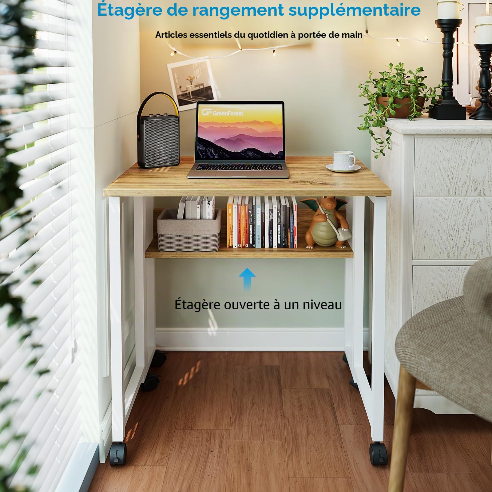 GreenForest Bureau Pliable à roulettes, 63cm Table d'appoint avec Rangement | Bureaux d’Ordinateur et Facile à Assembler pour Petit Espaces, Bureau Pliante pour Télétravail, Domicile ou Chambre, Beige