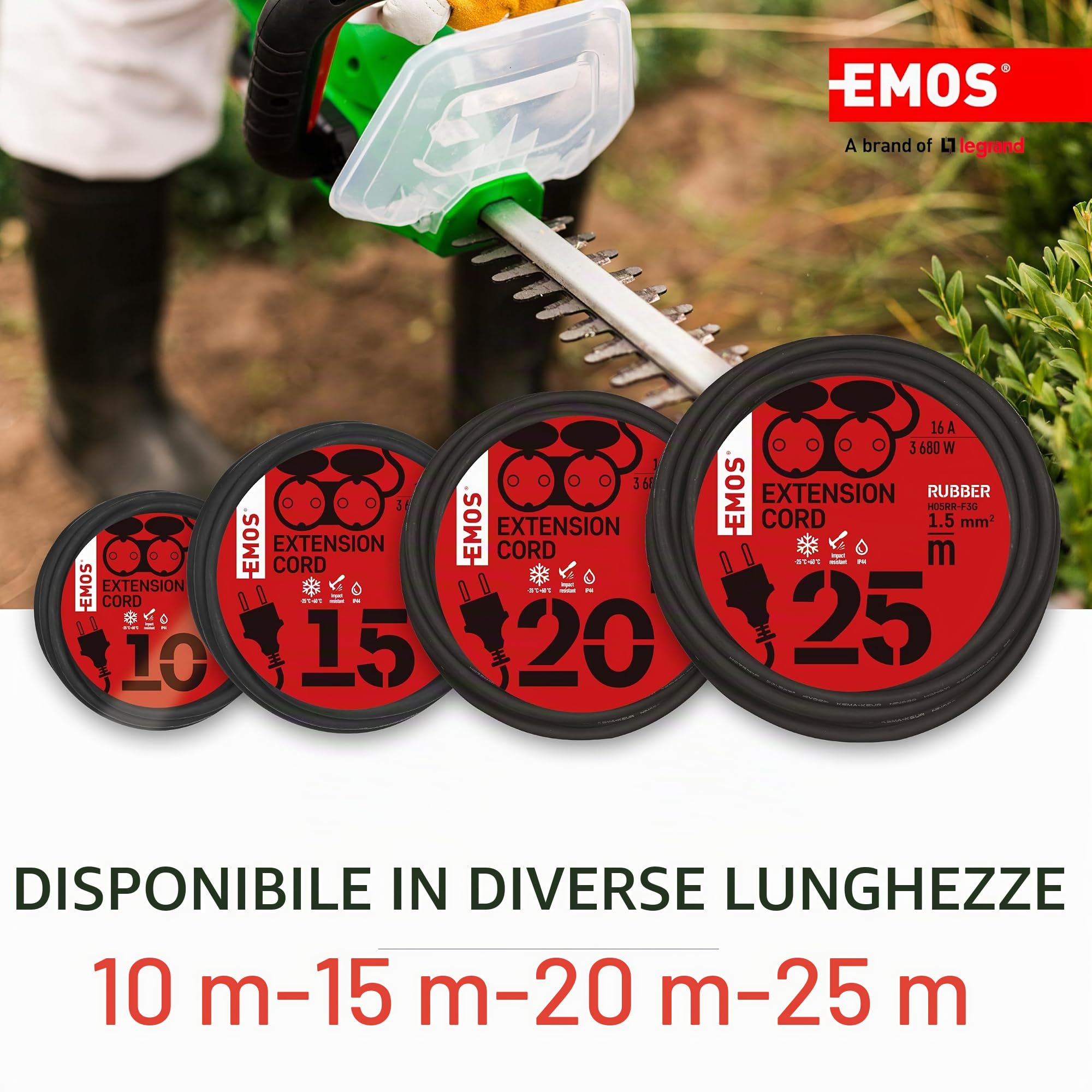 EMOS - Cavo di prolunga IP44 25 m - 2 prese Schuko - impermeabile, resistente agli urti, al calore e al freddo - 230 V, 16 A, 3680 W - isolamento in gomma - H05RR-F3G 1,5 mm2 - per uso esterno - nero