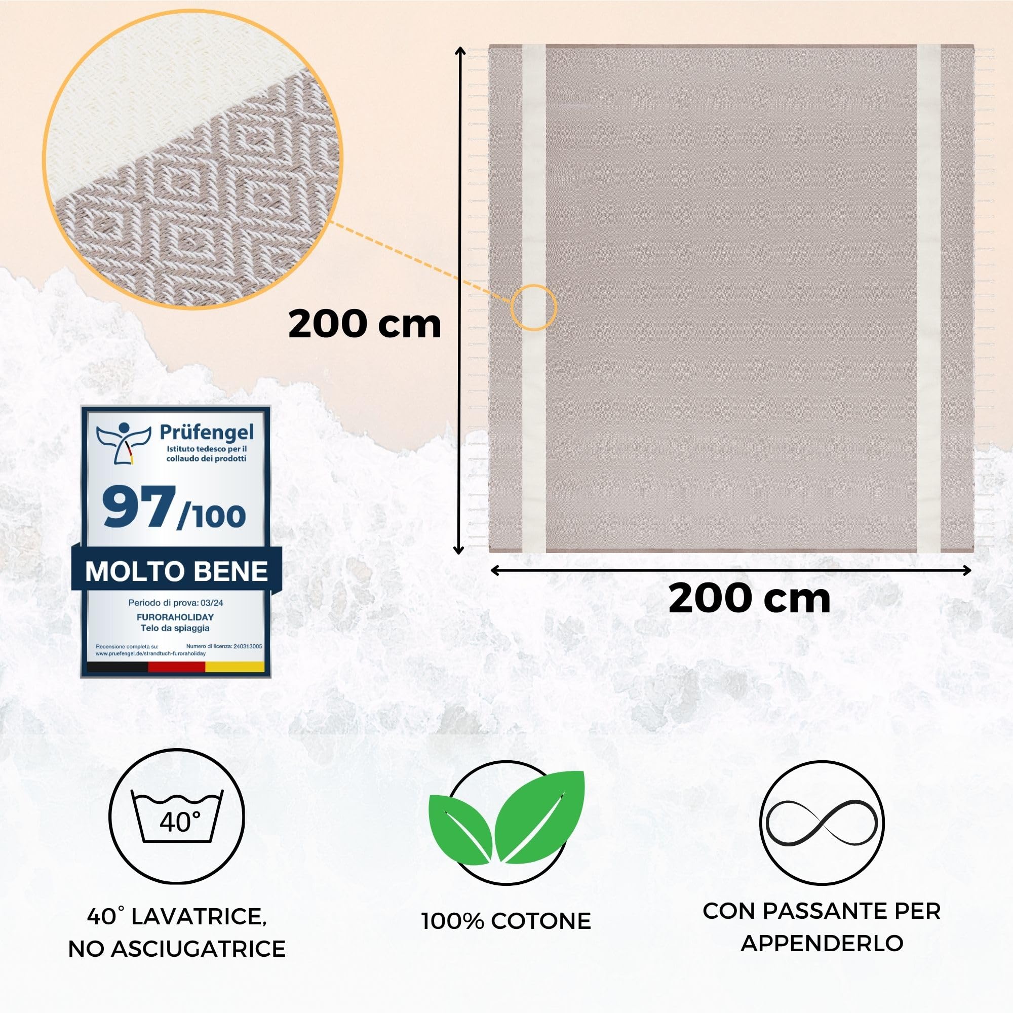 furora HOLIDAY Telo Mare Grande cotone 200x200 cm XXL GIGANTE | Telo Spiaggia antisabbia - Coperta Pic Nic - Pareo Asciugamano Mare spugna | Fouta Beach Towel lungo, frange angoli, Uomo Donna Ragazzi