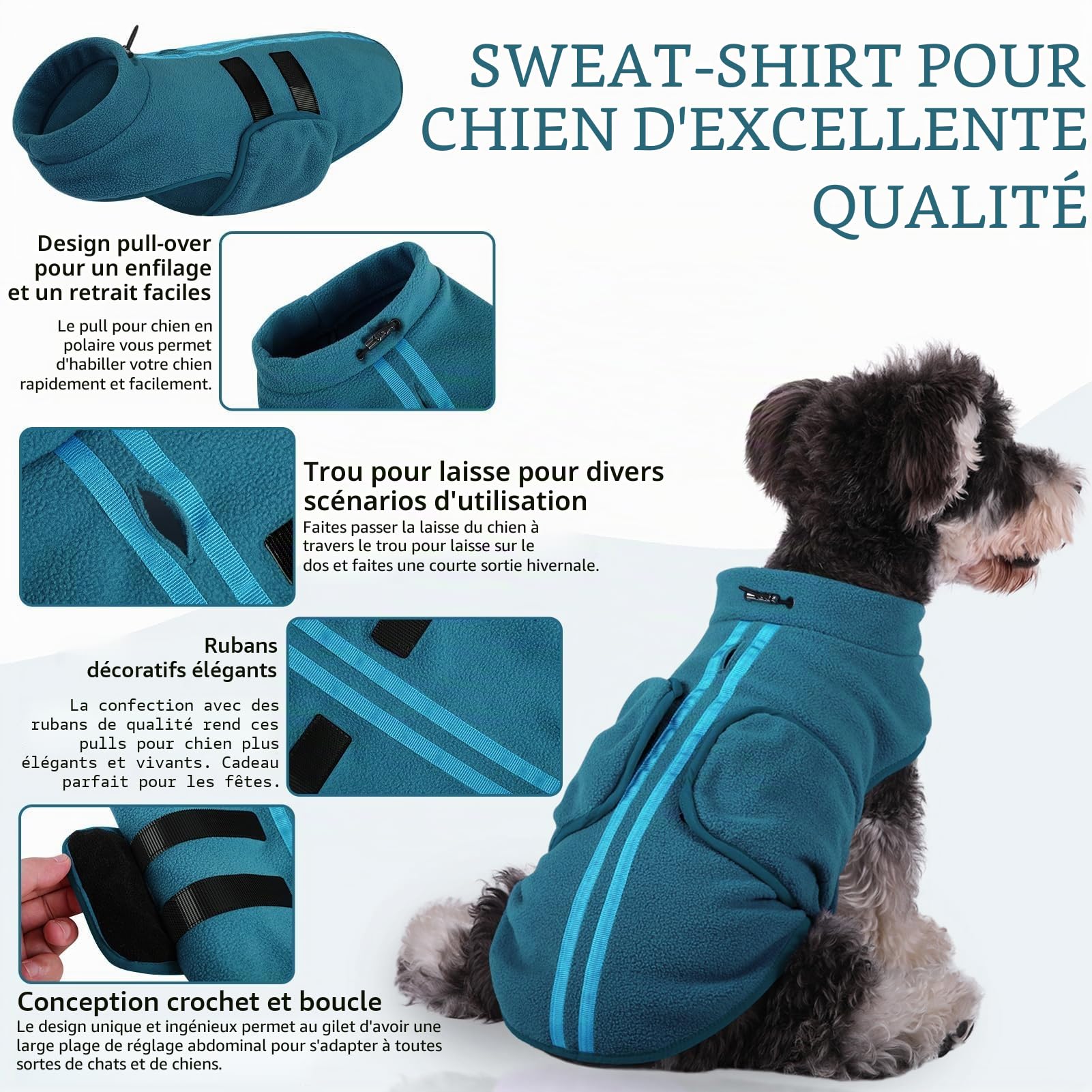 Pull pour Petit Chien,Pull-Overs pour Chien et Chat en Polaire Doux Veste Gilet Chien avec Harnais Pull Chaud pour Moyen Grand Chien Bleu Paon(M)