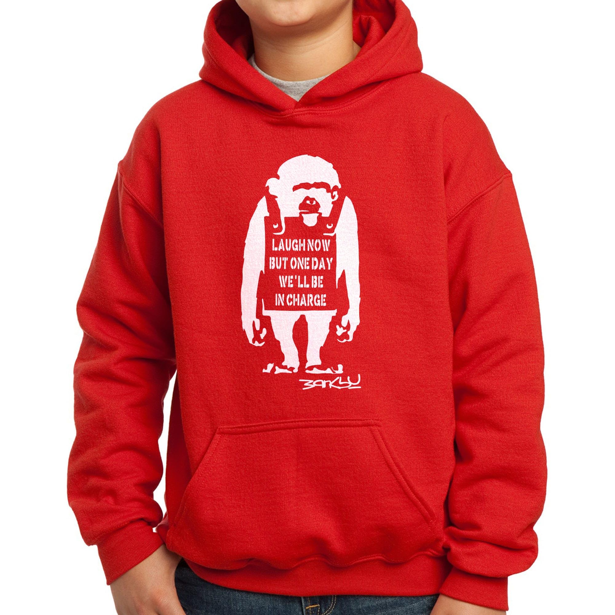 Nutees Banksy Laugh Now Monkey Art Funny Ape Kids Hoodie (Red), 14 Years