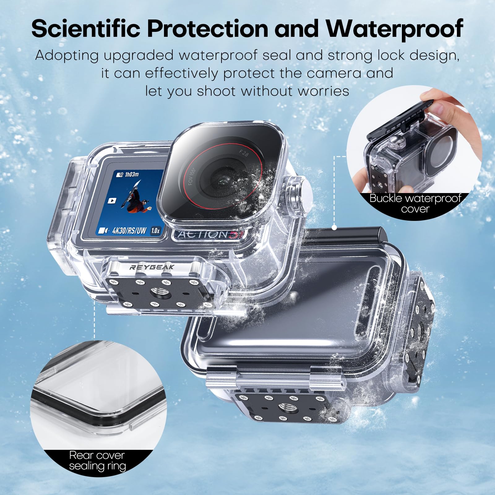 REYGEAK Wasserdichtes Gehäuse für Osmo Action 5 Pro/Action4/3, 40 m Tauch-Schutzhülle für DJI Osmo Action 4/3 Action 5/4/3 Magnetische Adapterhalterung ，Antibeschlagfolie