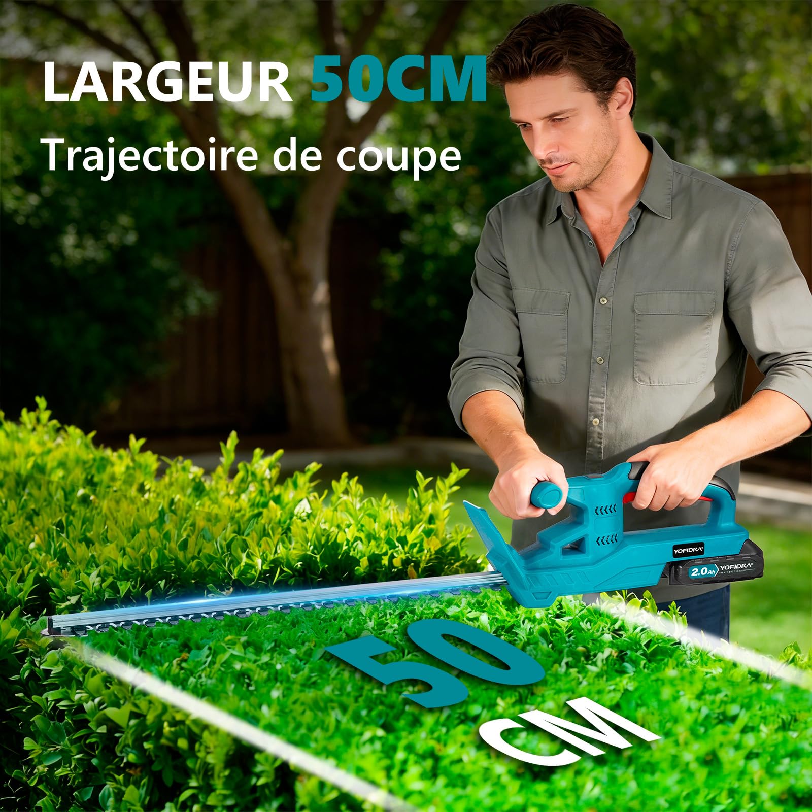 Yofidra Taille Haie Batterie, avec 2 Batteries 2.0Ah, 50cm Coupe Longueur | Taille-Haie Électrique sans Fil, Lames Double Action 15mm, Taille Haie Léger avec Housse de Protection