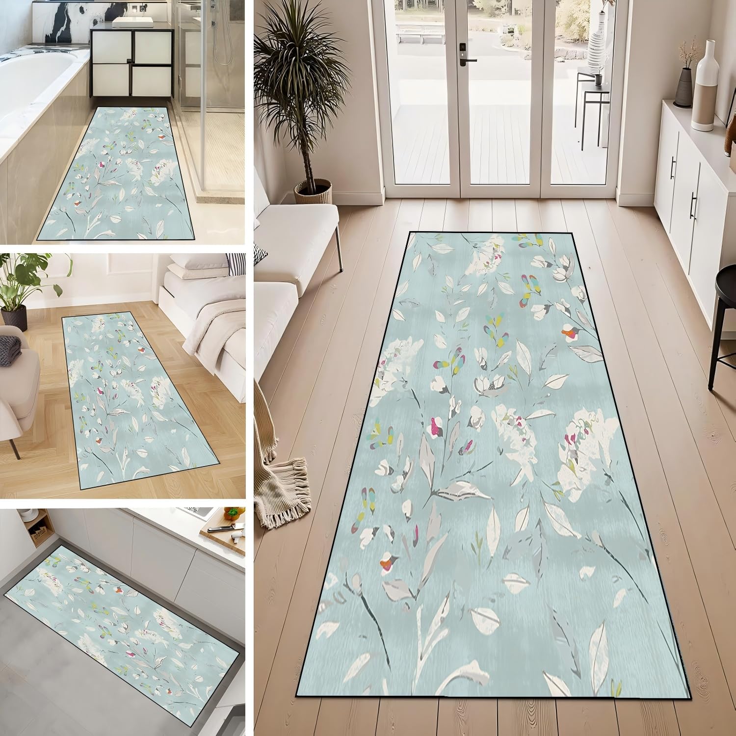 Teppich Läufer Flur Küchen 50x350CM Waschbar rutschfest Waschbar Meterware Schlafzimmer Korridor Teppichläufer Lang, Länge Anpassbare, 40-120cm Breit,Shallow Lotus Blue Flowers