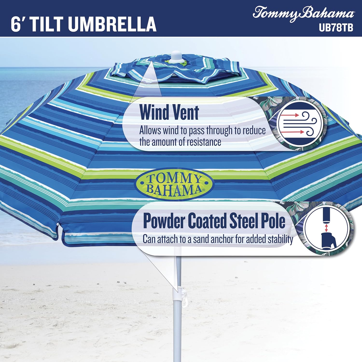 Tommy Bahama 6' UPF 50+ Tilt Beach Umbrella with Integrated Sand Anchor, Wind Vent, and Carry Bag