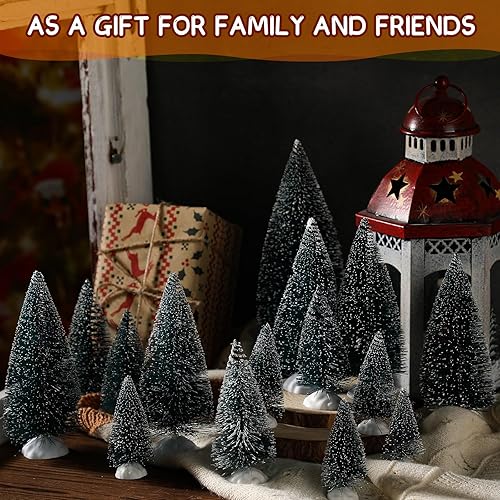 Miniatura 7 de Crowye 80 piezas de mini árbol de Navidad, pino, cedro, nieve, escarcha, con base de plástico blanco, árboles artificiales en miniatura de mesa para